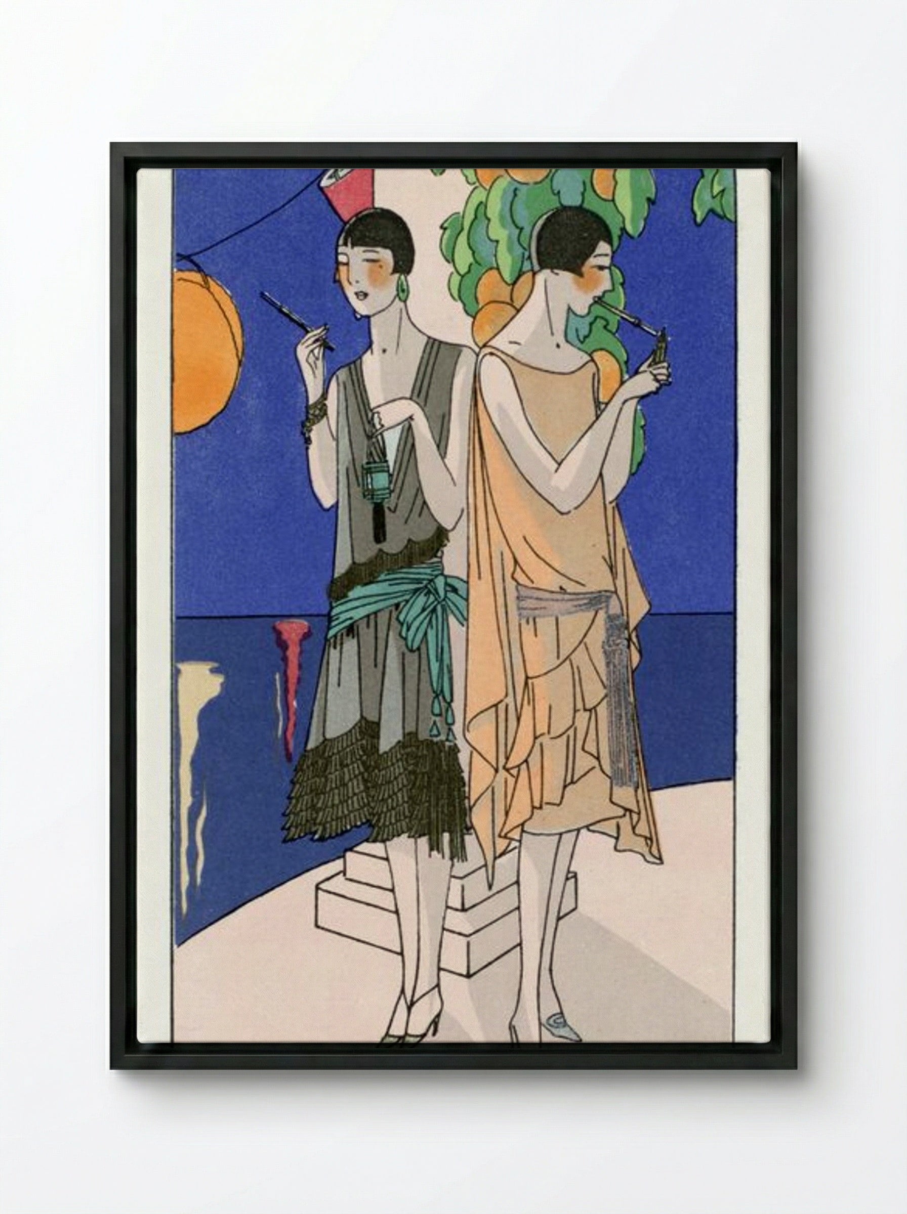 Two Young Women Smoking Cigarettes - Premet and George Doeuillet - Framed Canvas Black