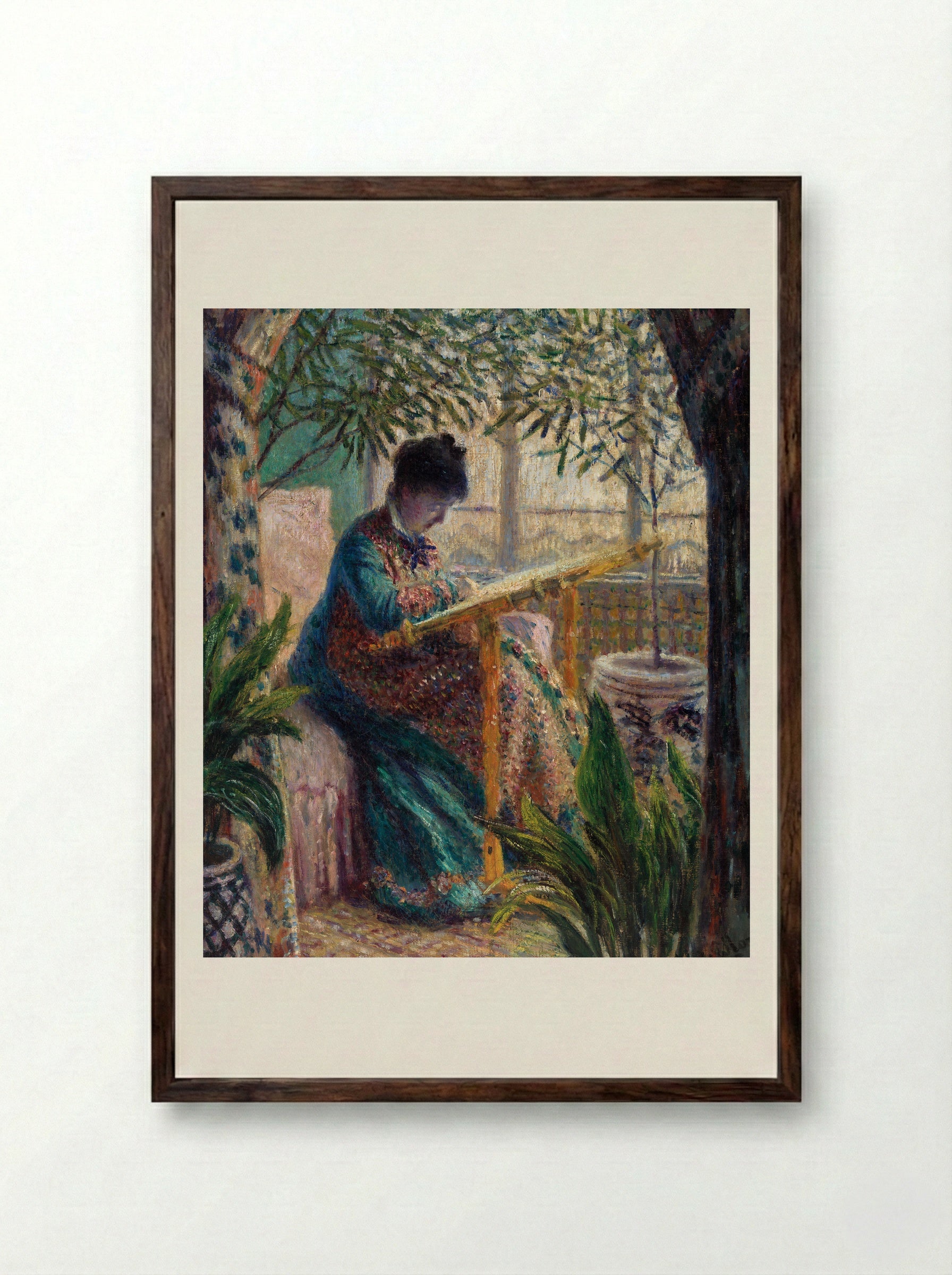 Madame Monet Embroidering - Claude Monet - Framed Print Dark Wood