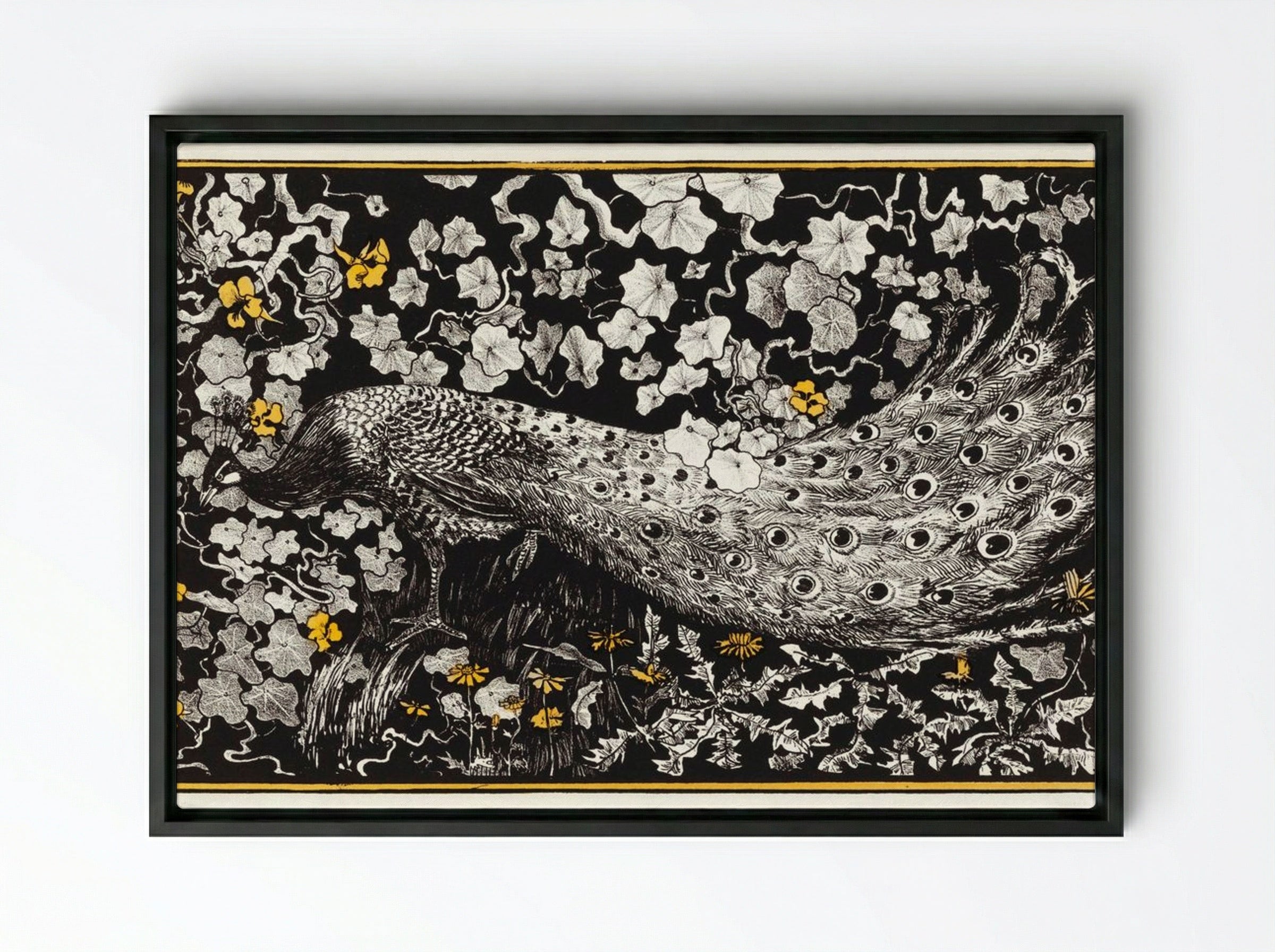 Peacock Among Foliage - Theo van Hoytema - Framed Canvas Black