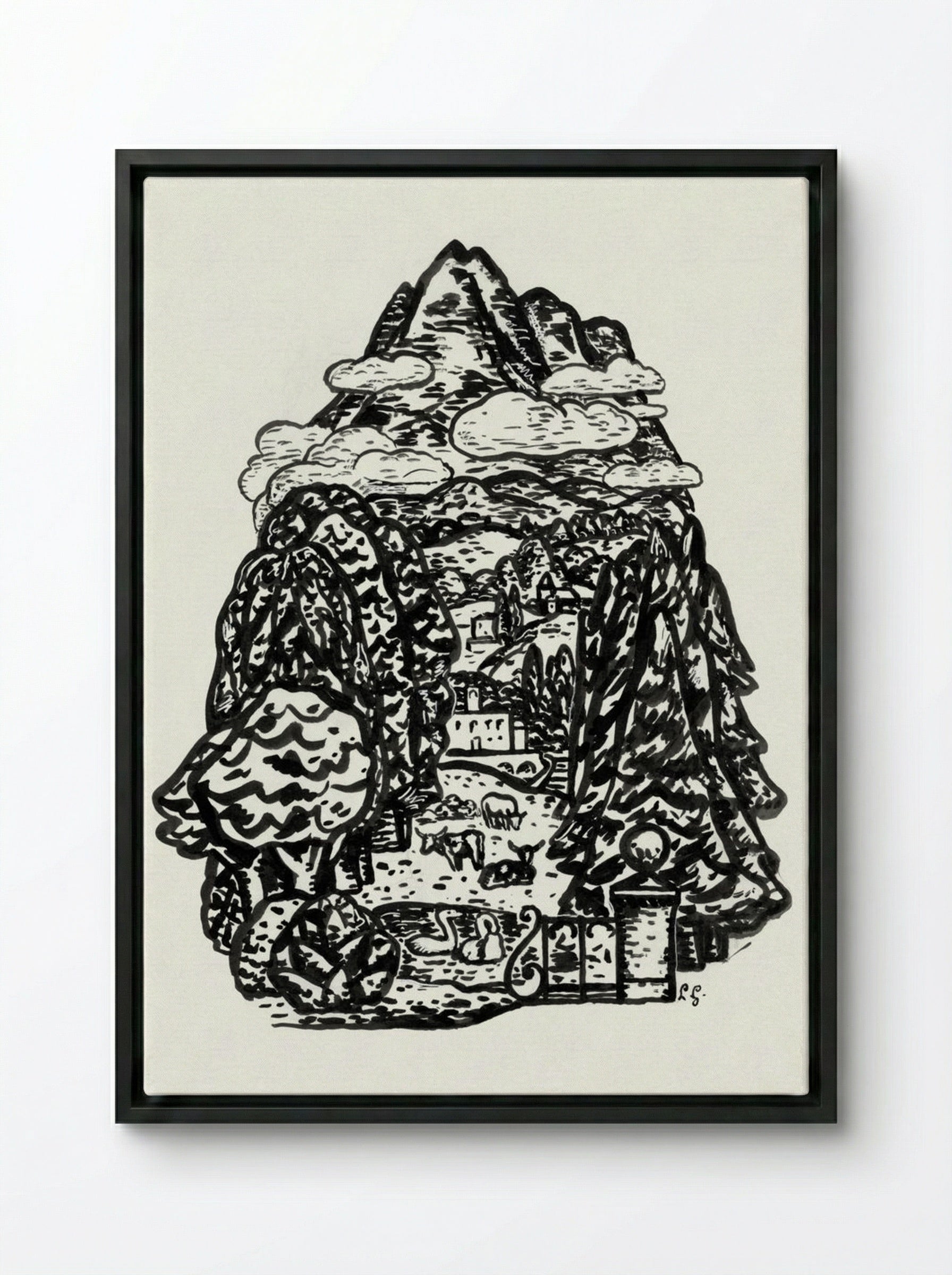 Mountain Landscape with Cows and Swans - Leo Gestel - Framed Canvas Black