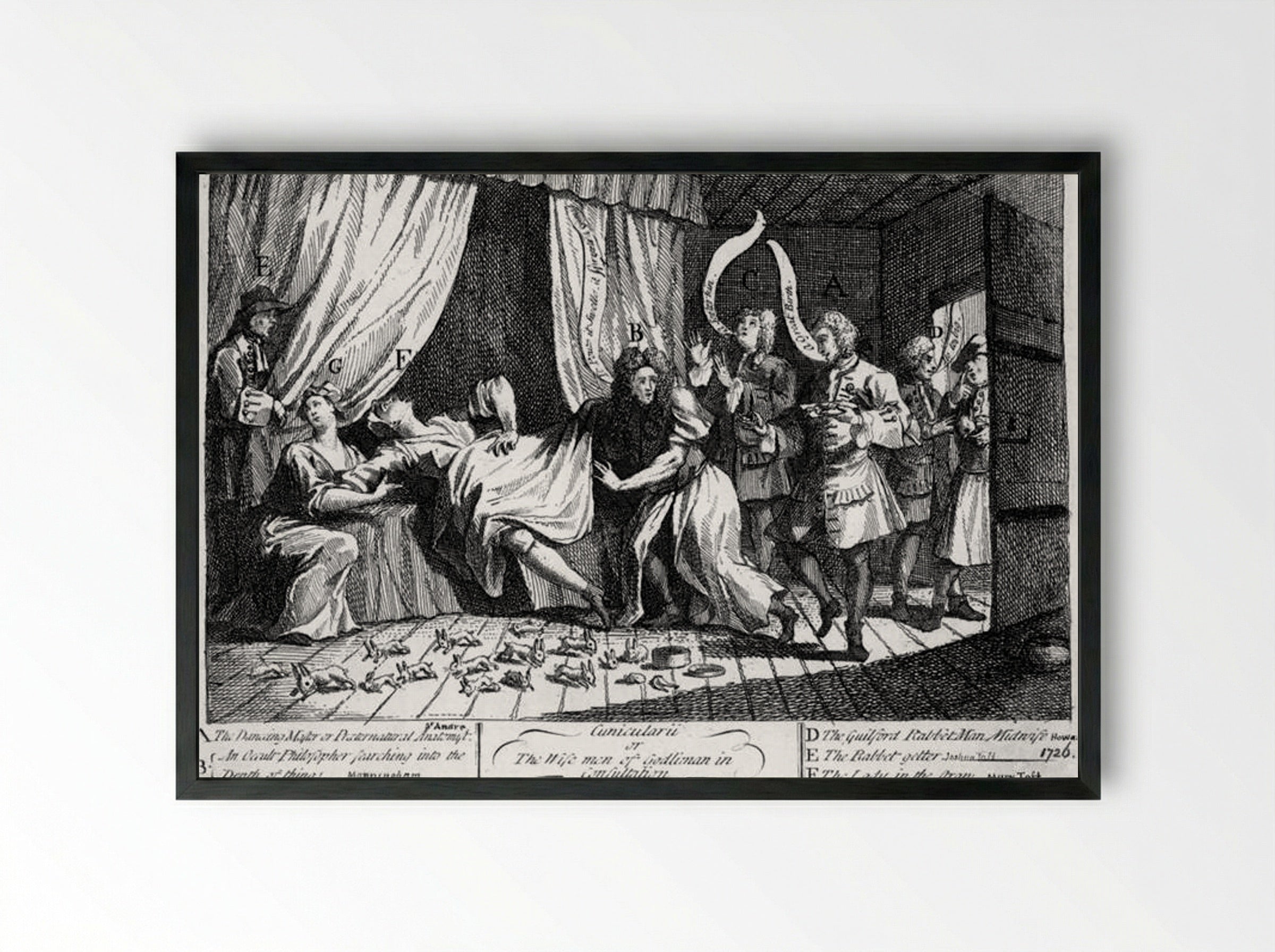 Mary Toft, apparently giving birth to rabbits - William Hogarth - Framed Print Black