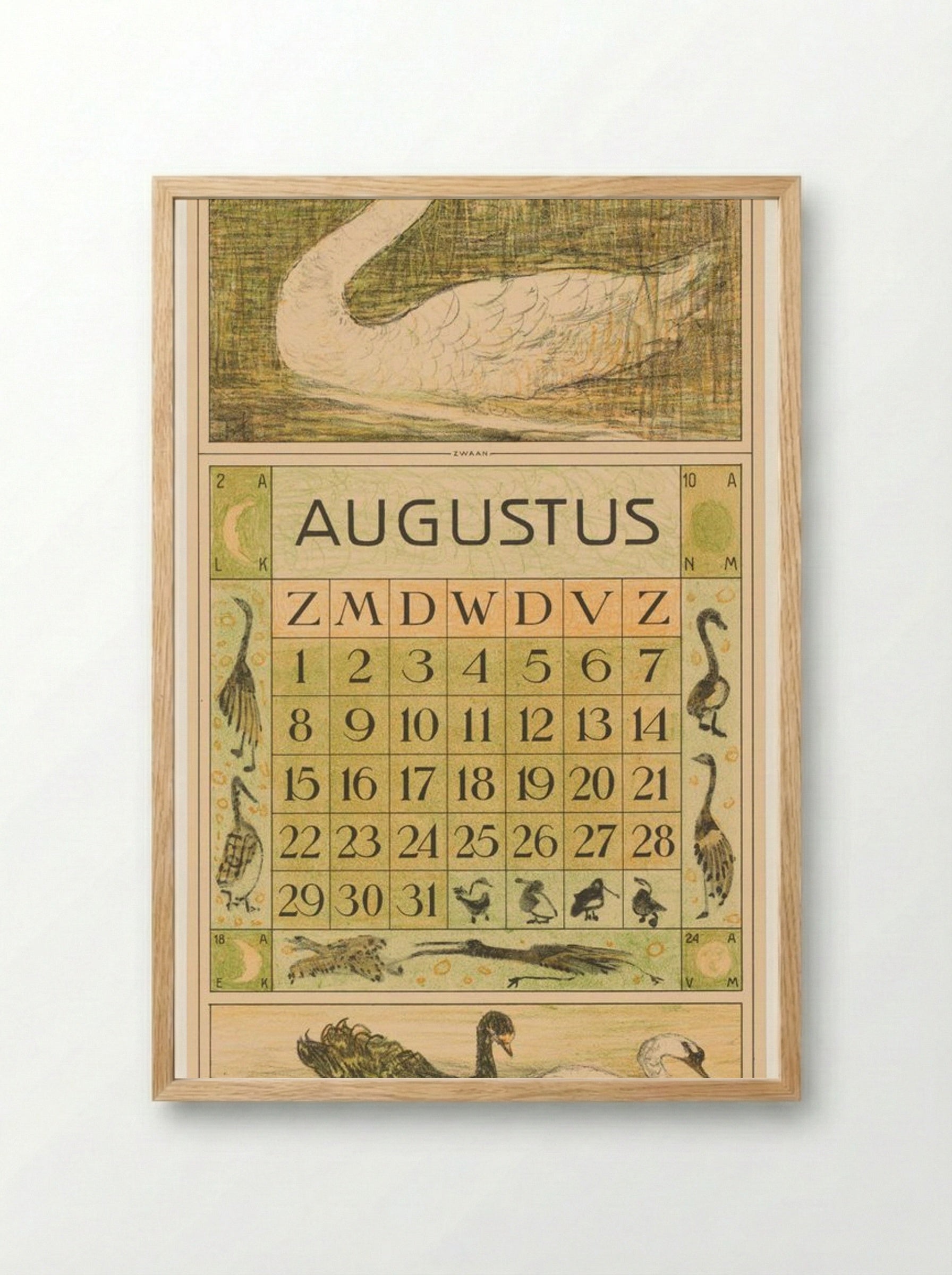 Kalenderblad Augustus met Zwaan - Theo van Hoytema - Framed Print Wood