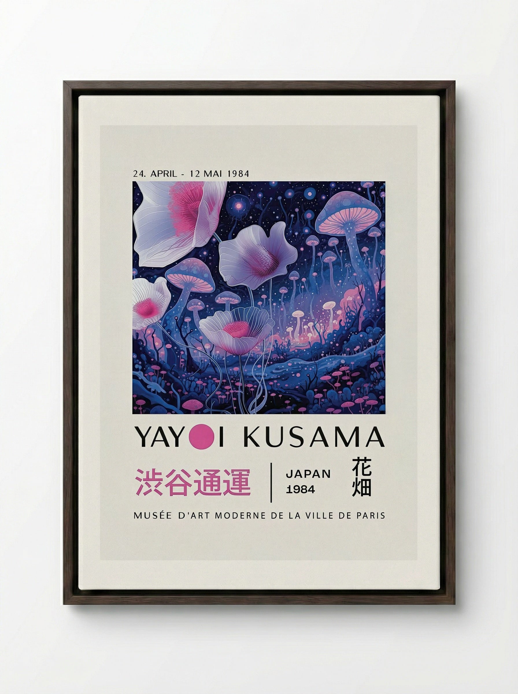 Mystical Floral Dreamscape - Yayoi Kusama - Framed Canvas Dark Wood