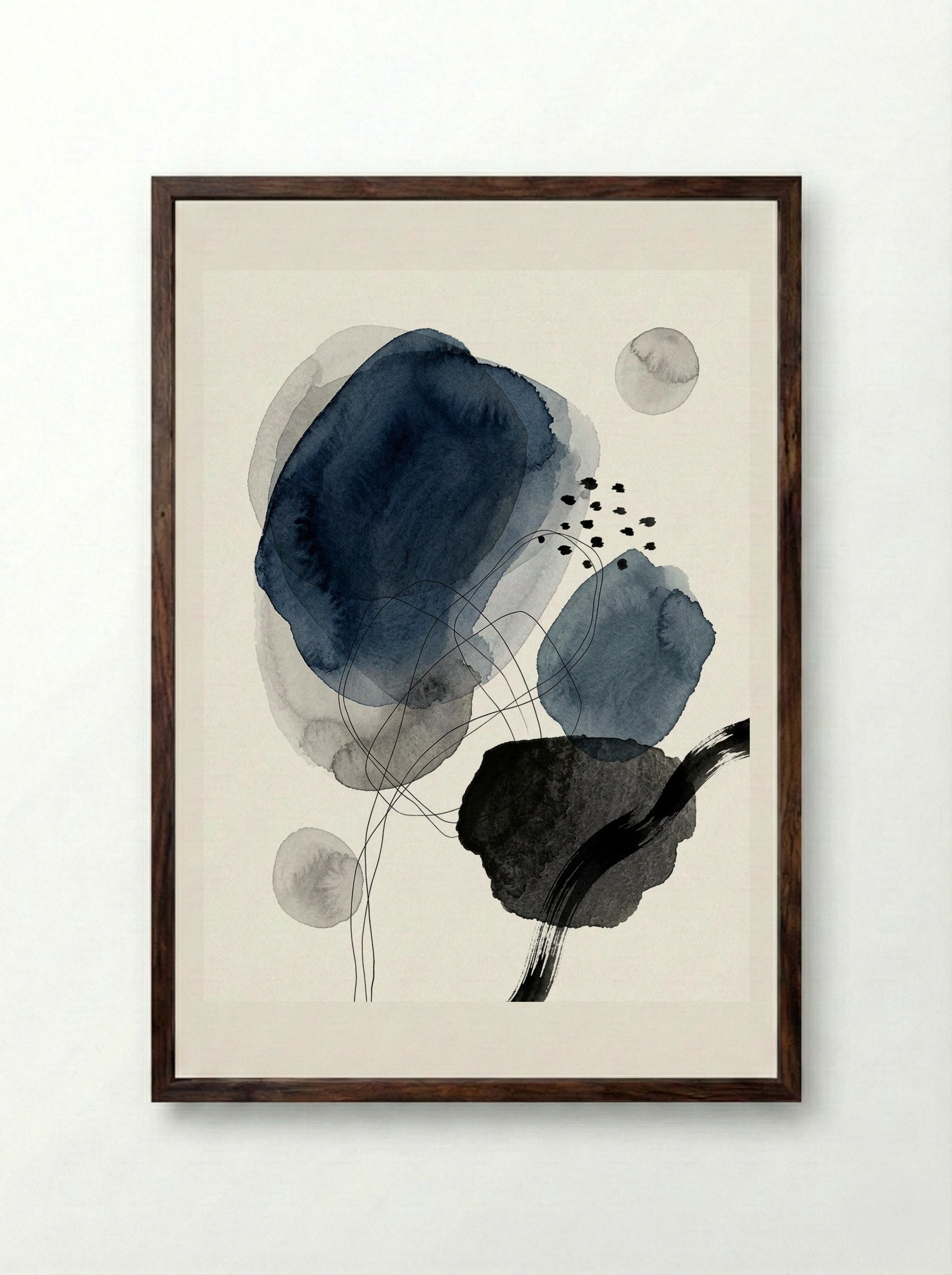 Indigo Echoes Poster - Framed Print Dark Wood