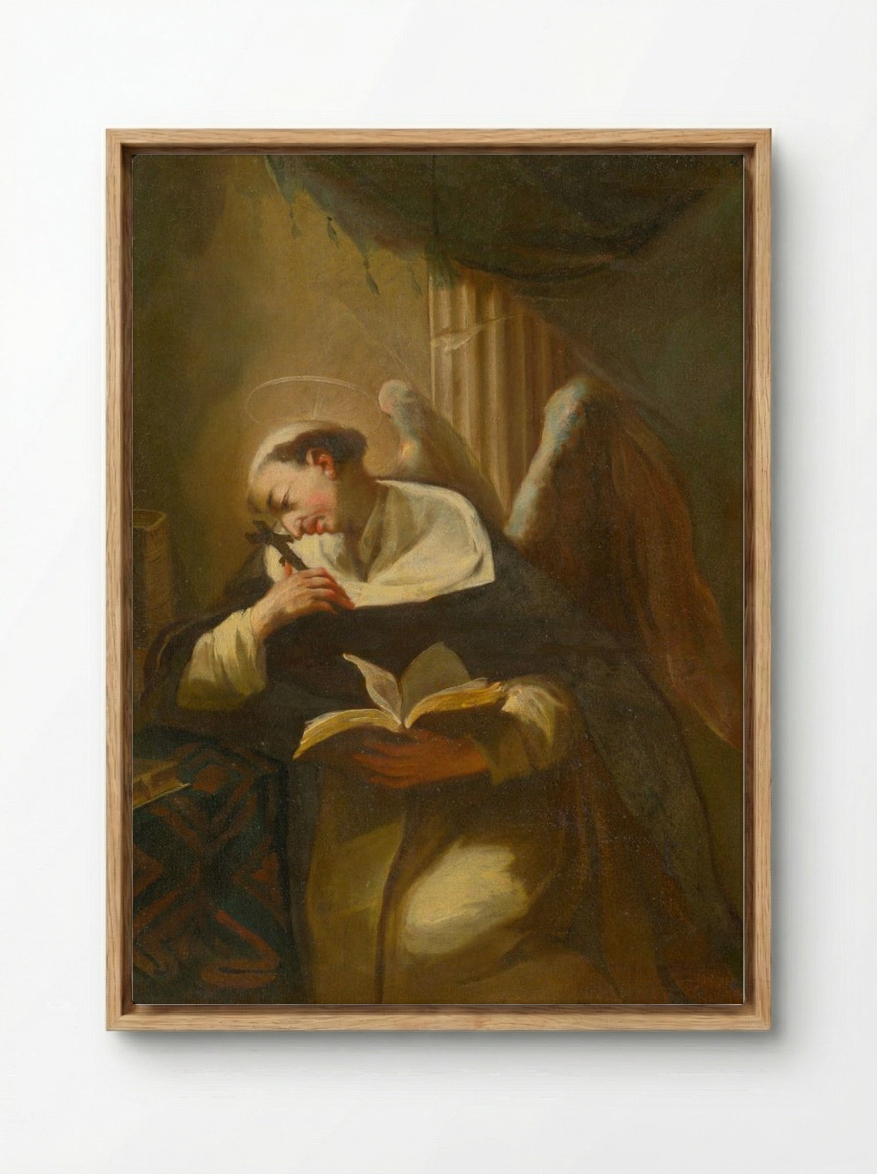 Kneeling Saint with Cross and Book - Fine Art Print - Framed Canvas Wood