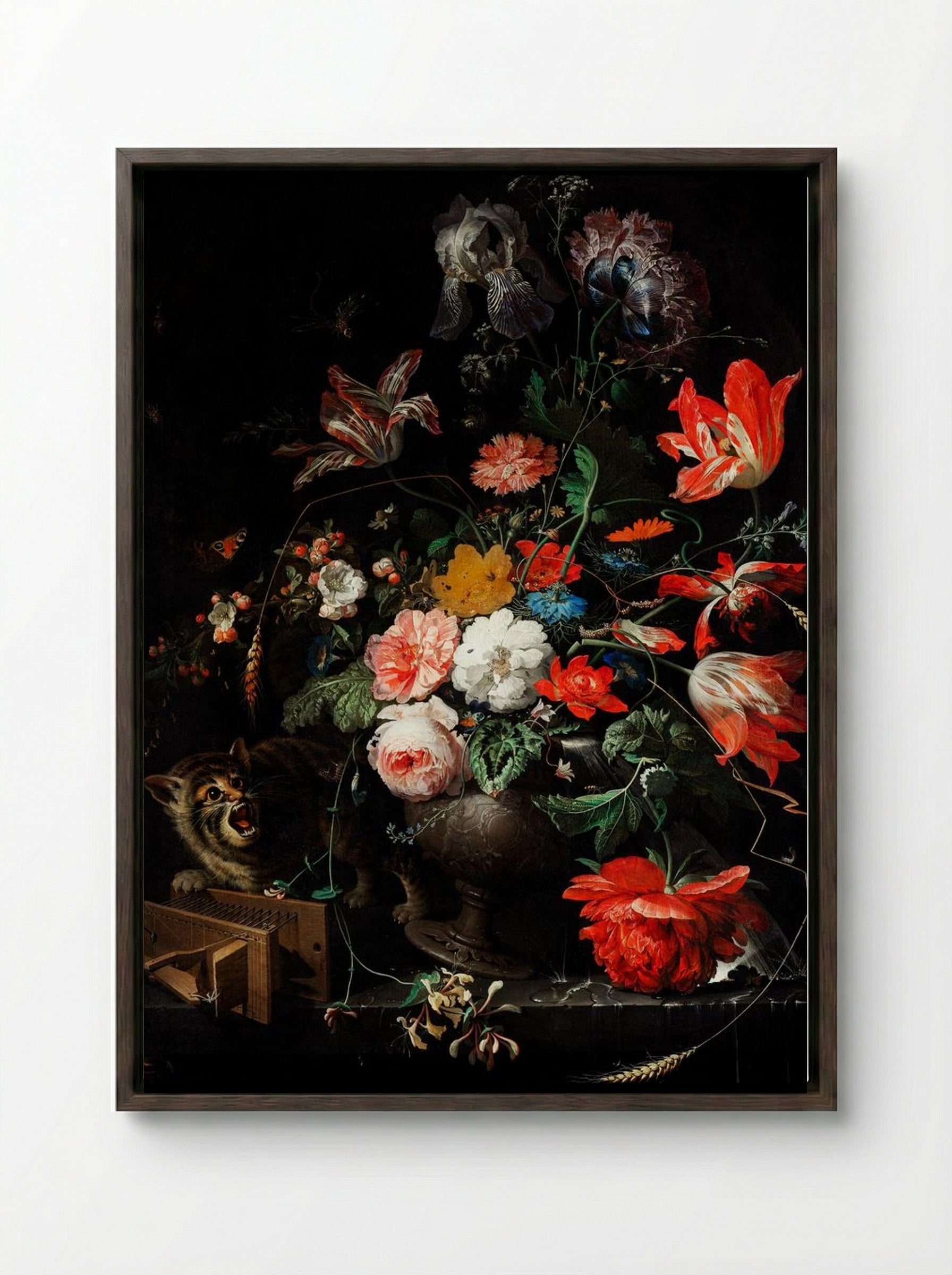 The Overturned Bouquet - Abraham Mignon - Framed Canvas Dark Wood