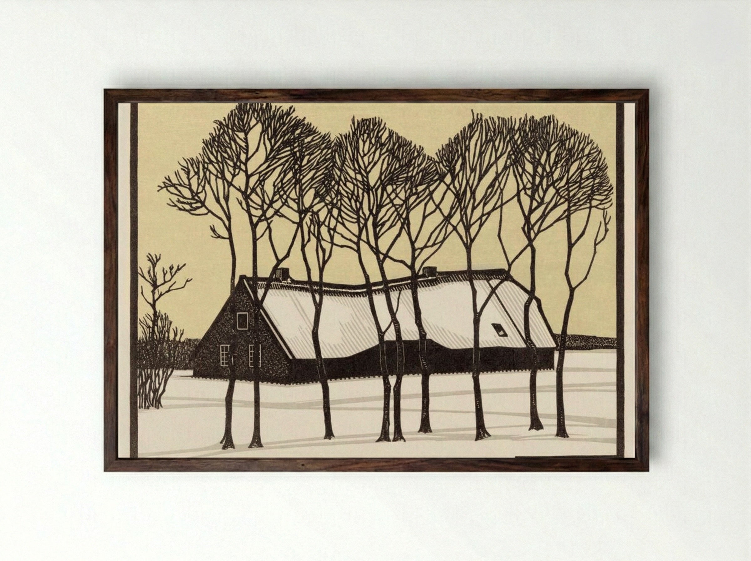 Farm in the Snow - Julie de Graag - Framed Print Dark Wood