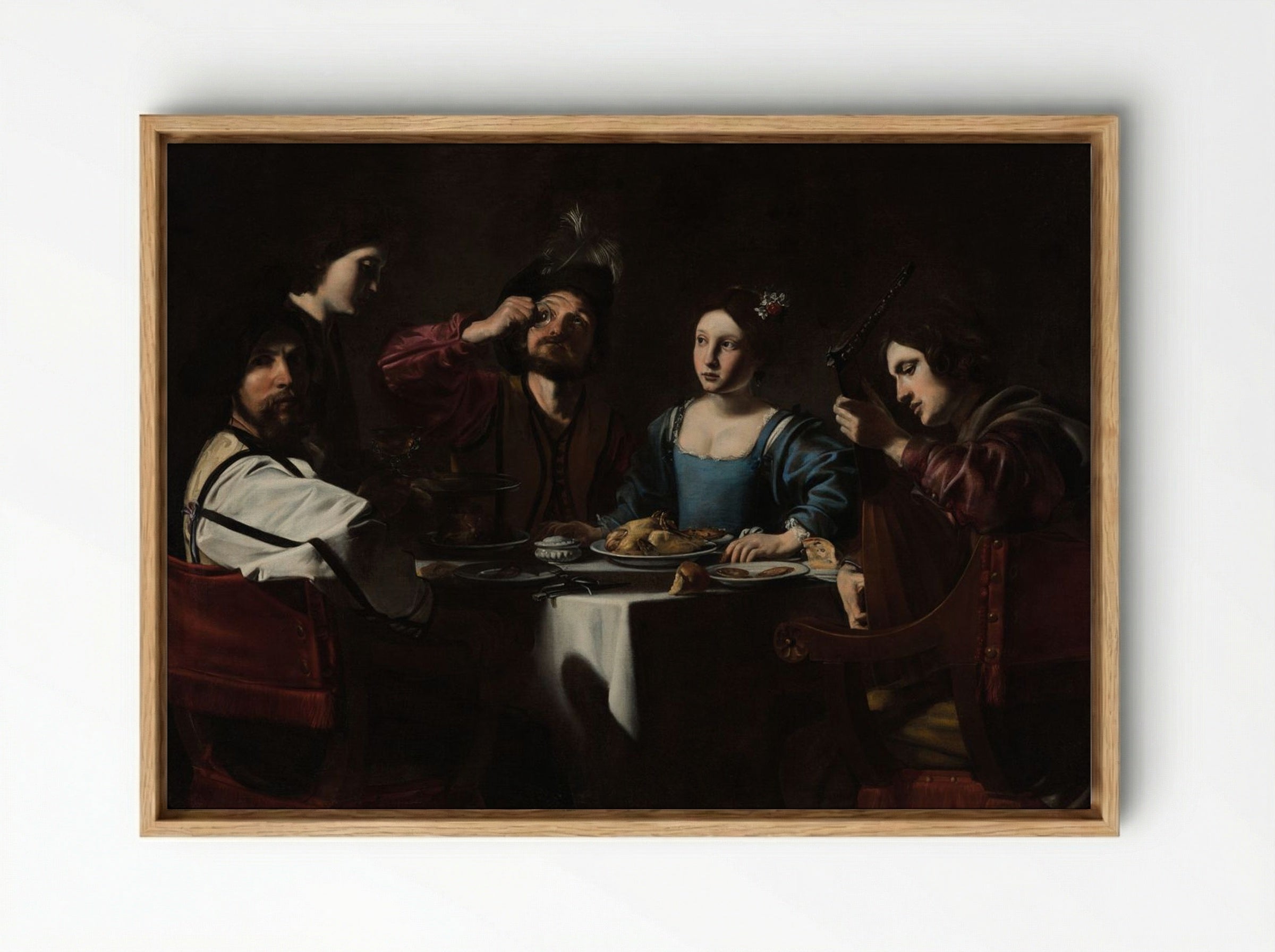 Banquet Scene with a Lute Player - Valentin de Boulogne - Framed Canvas Wood