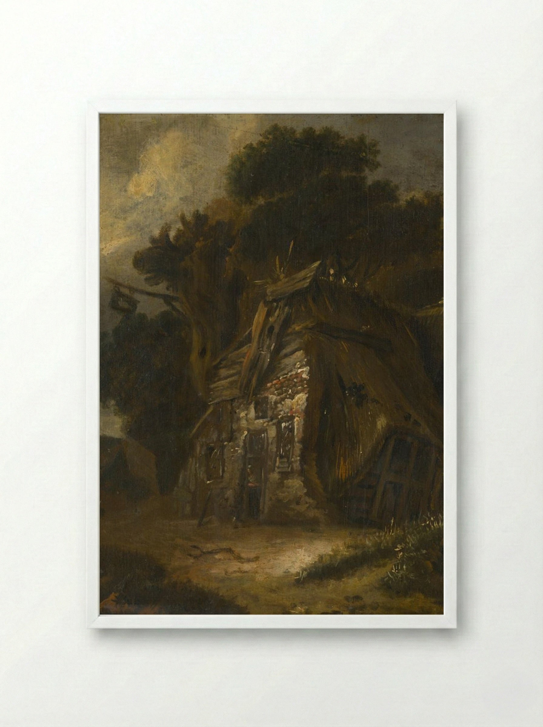 Thatched Hut in Landscape - Fine Art Print - Framed Print White