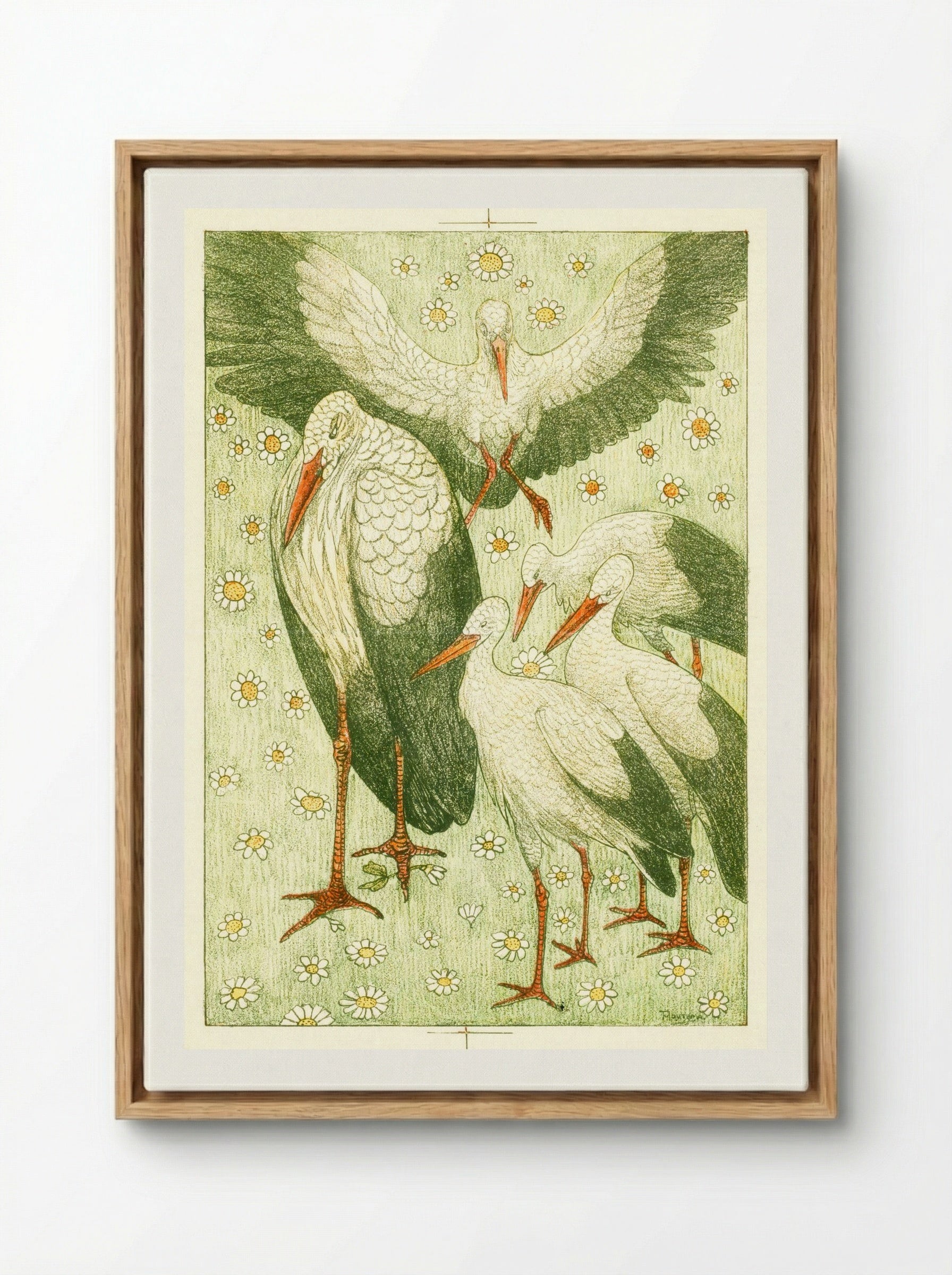 Vijf ooievaars in een wei (Five Storks in a Meadow) - Theo van Hoytema - Framed Canvas Wood