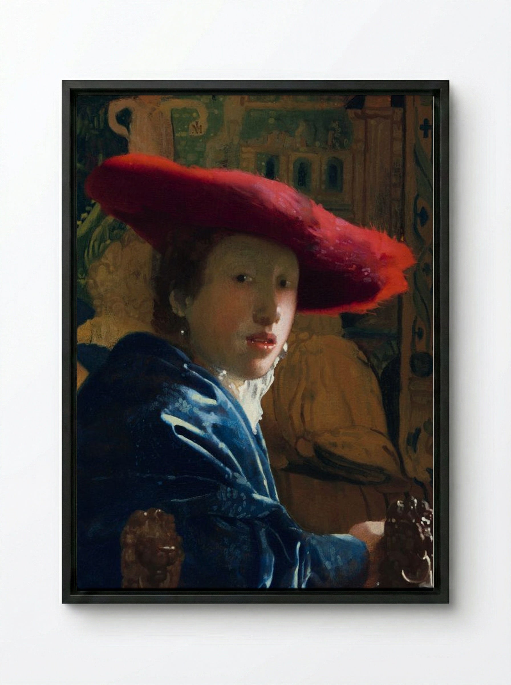 Girl with a Red Hat - Johannes Vermeer - Framed Canvas Black