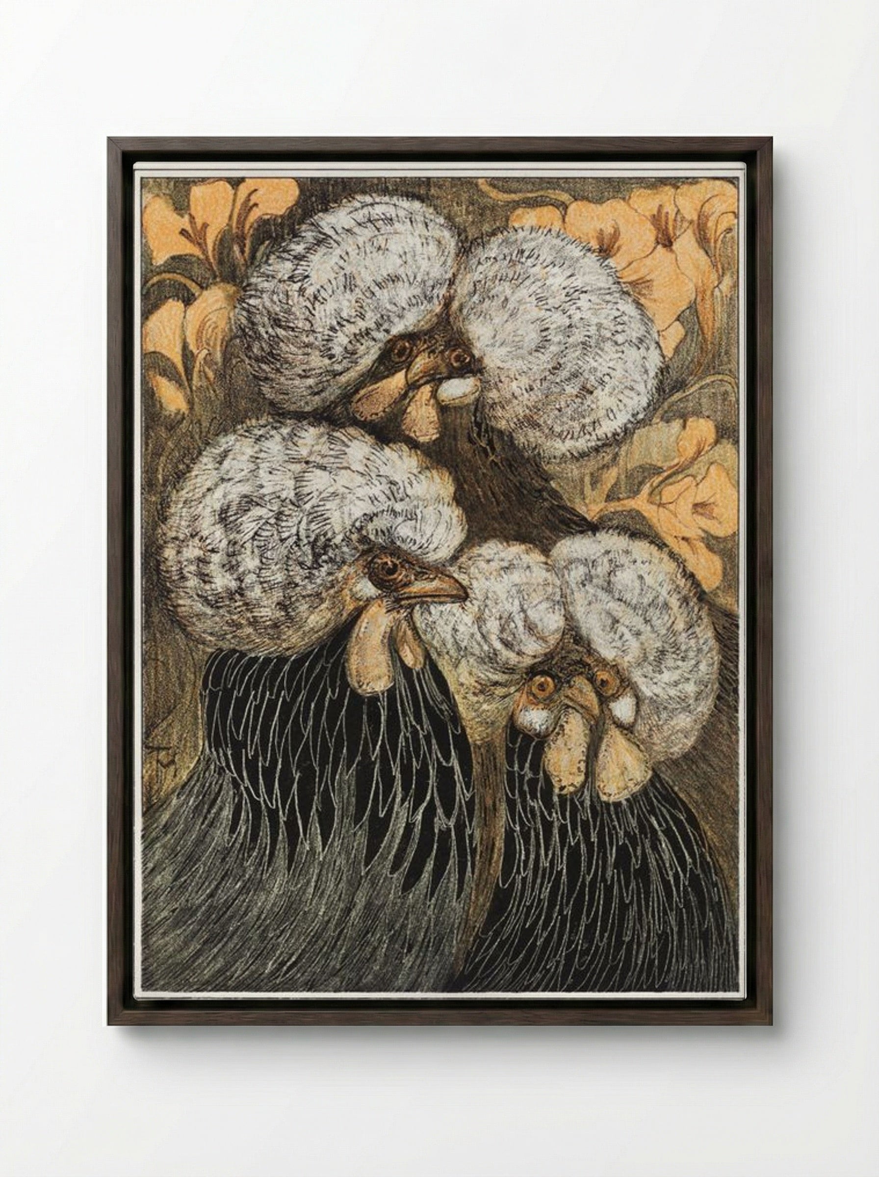 Drie kuifkippen (Three Crested Chickens) - Theo van Hoytema - Framed Canvas Dark Wood