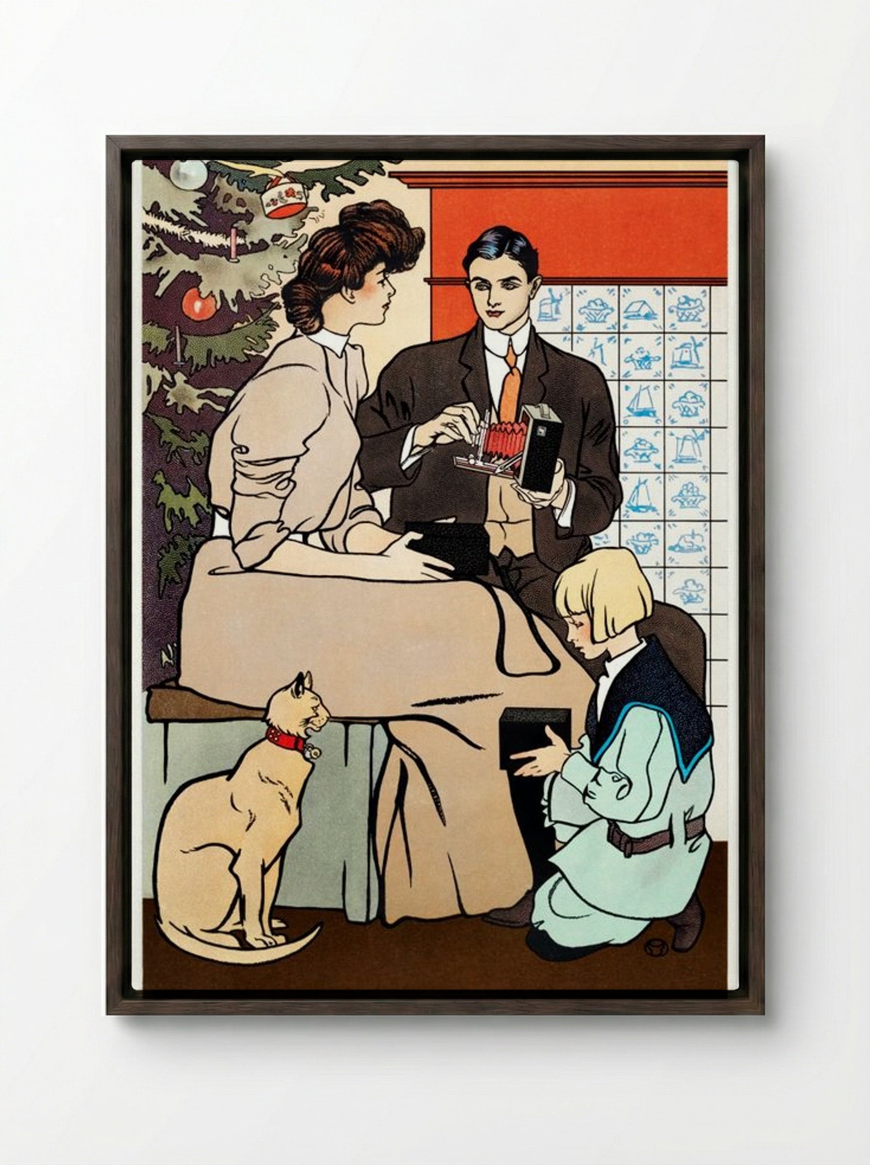 Vintage Christmas Morning (Family Scene with Camera) - Edward Penfield - Framed Canvas Dark Wood