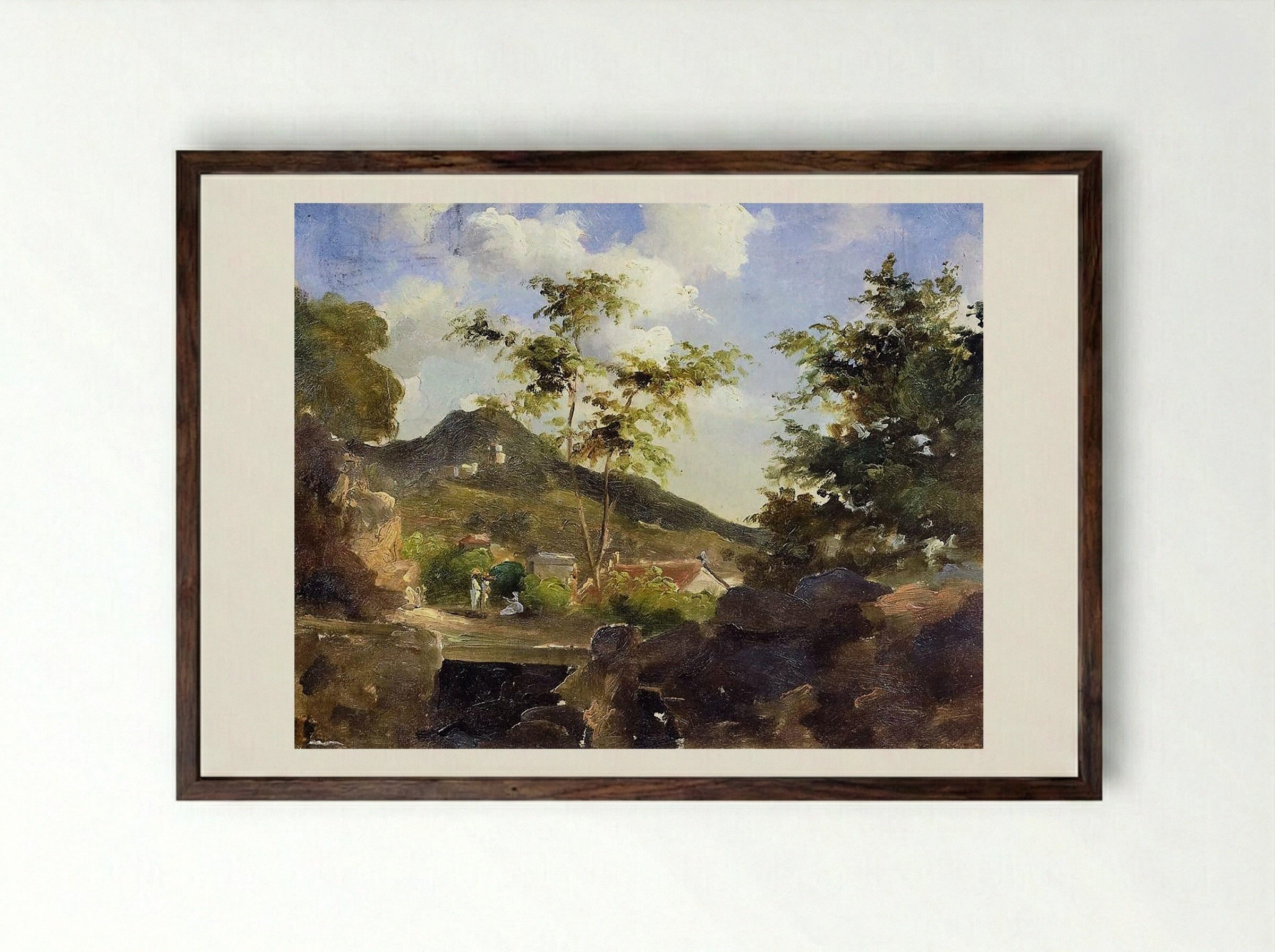 Village at the Foot of a Hill in Saint Thomas, Antilles - Camille Pissarro - Framed Print Dark Wood