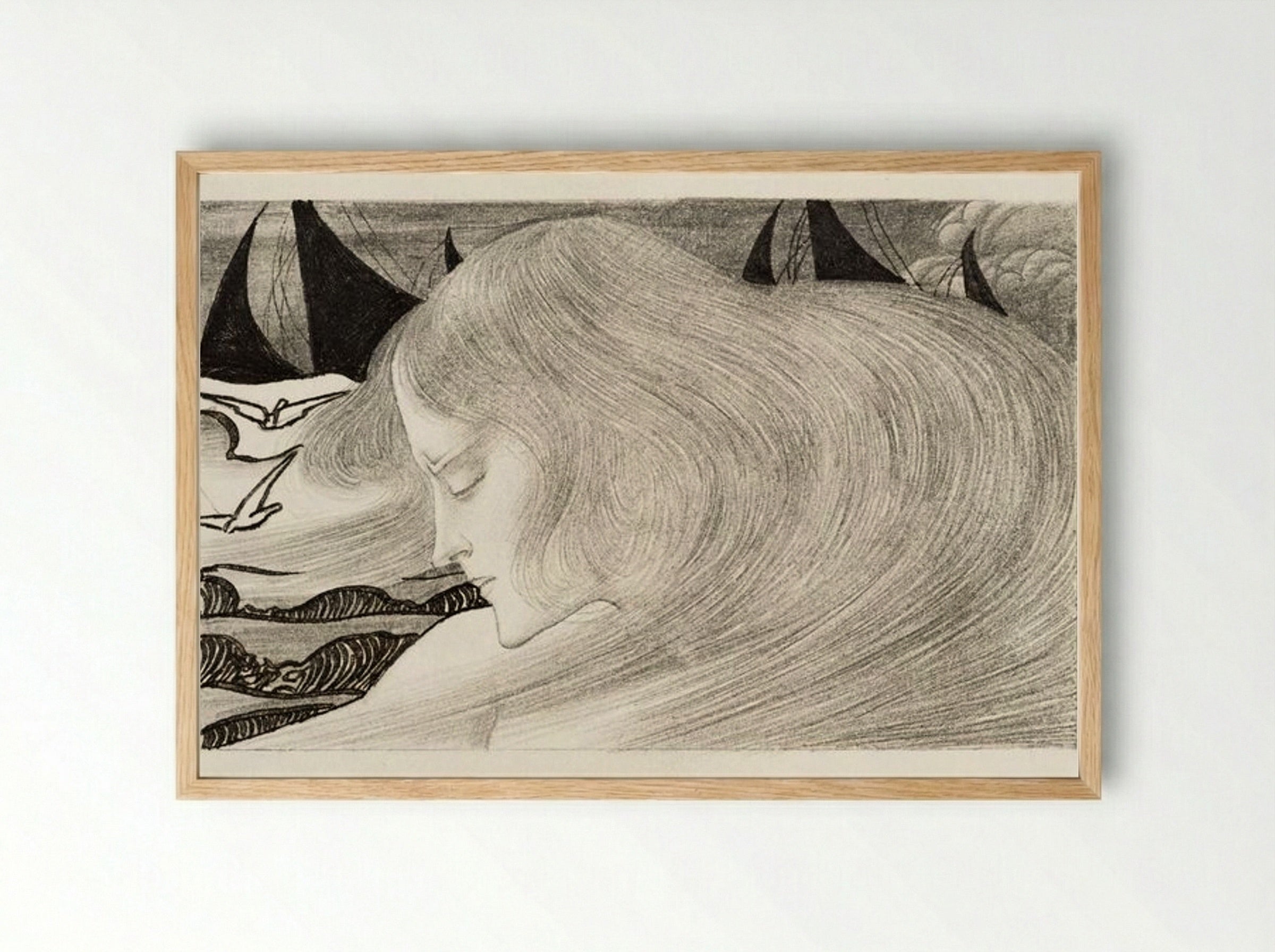 Young Woman with Wavy Hair in Front of a Sea with Ships - Jan Toorop - Framed Print Wood