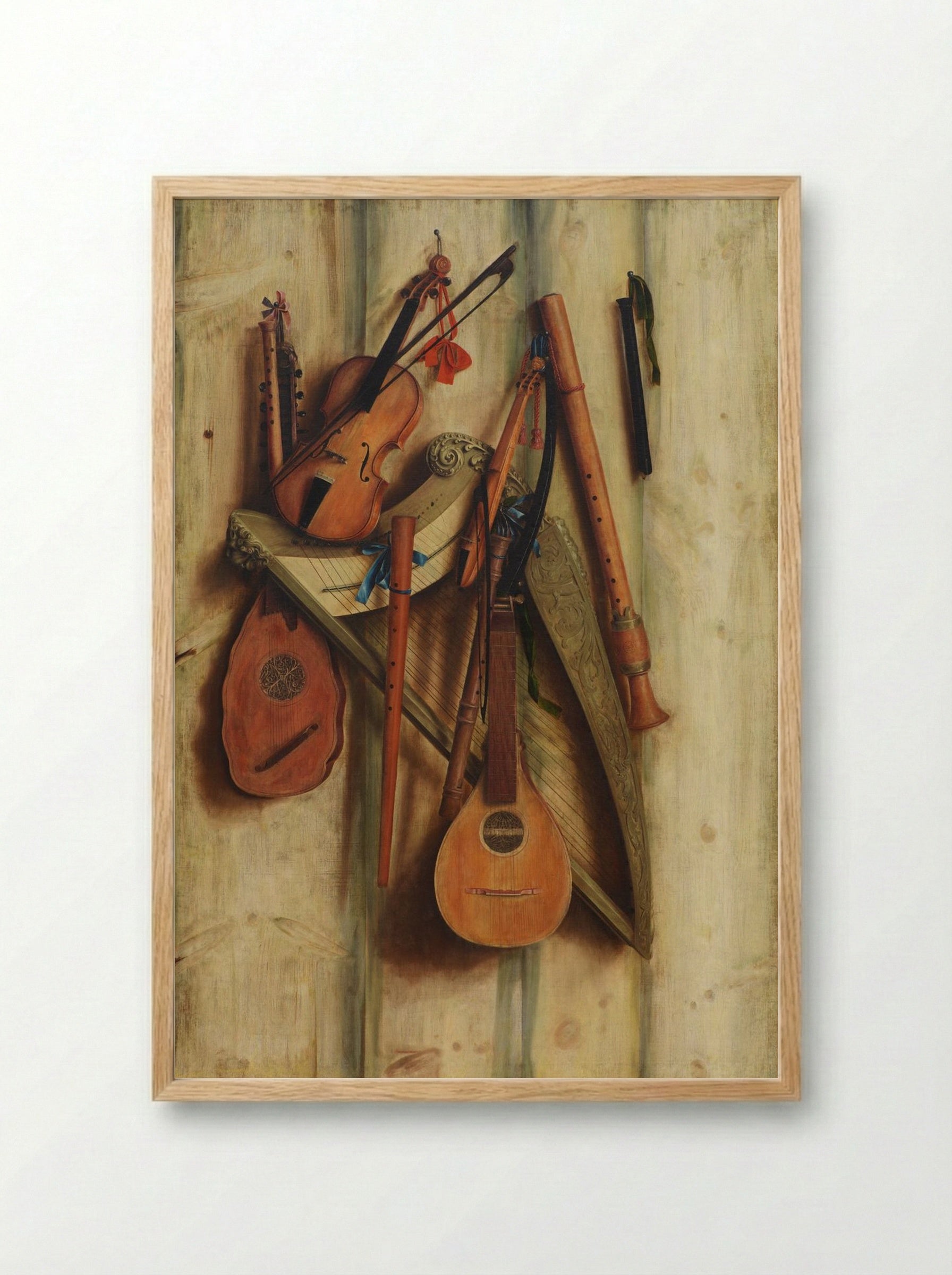 Board Wall with Musical Instruments (Trompe l'Oeil) - Franciscus Gijsbrechts - Framed Print Wood