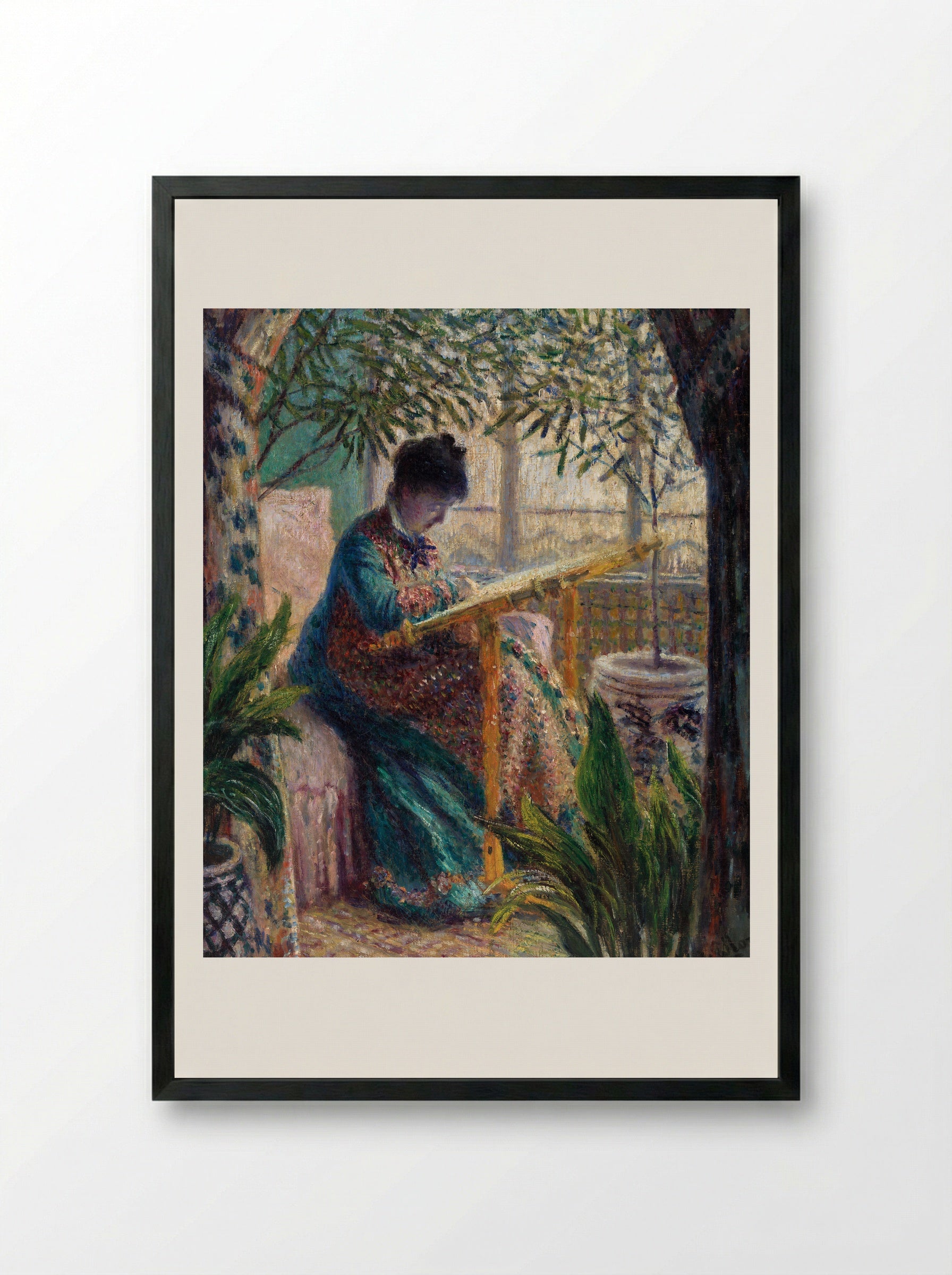 Madame Monet Embroidering - Claude Monet - Framed Print Black