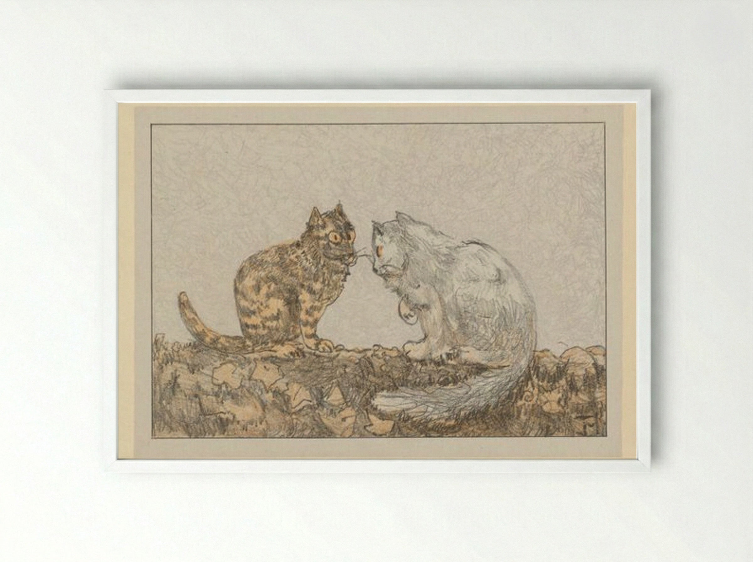 Two Cats on a Wall - Theo van Hoytema - Framed Print White