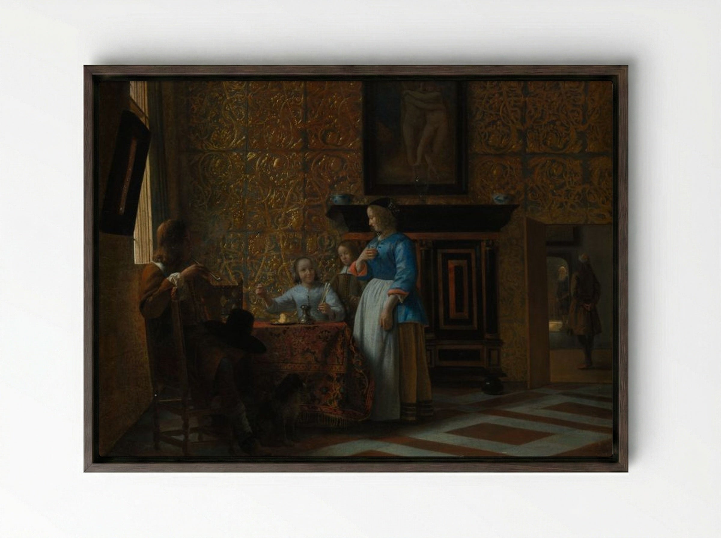 Leisure Time in an Elegant Setting - Pieter de Hooch - Framed Canvas Dark Wood