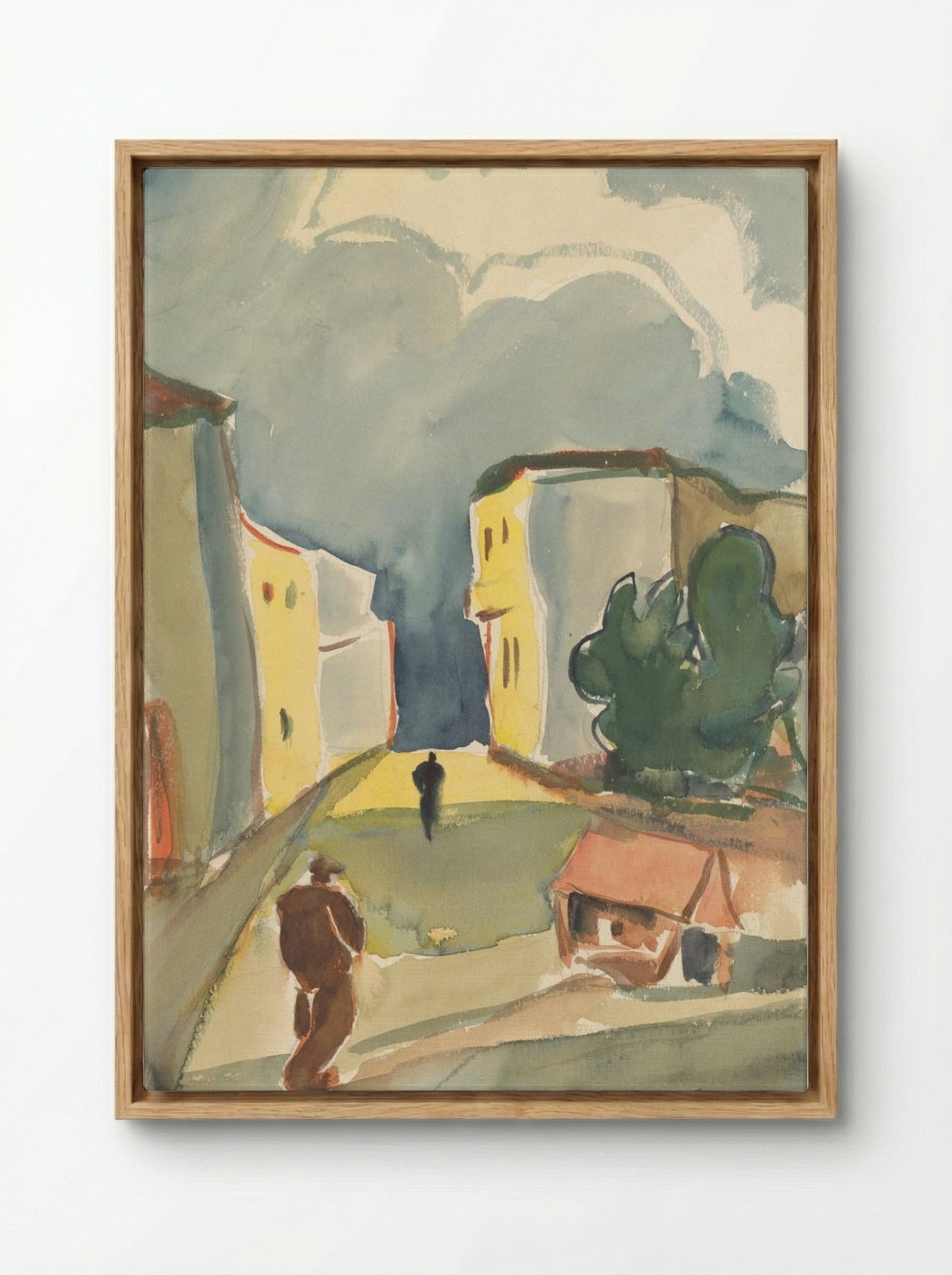 Two Pedestrians in a Townscape - Zolo Palugyay - Framed Canvas Wood