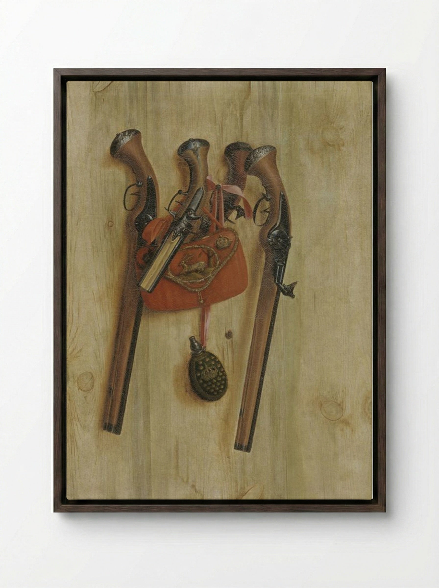 Trompe l'oeil with pistols - Cornelis Norbertus Gysbrechts - Framed Canvas Dark Wood