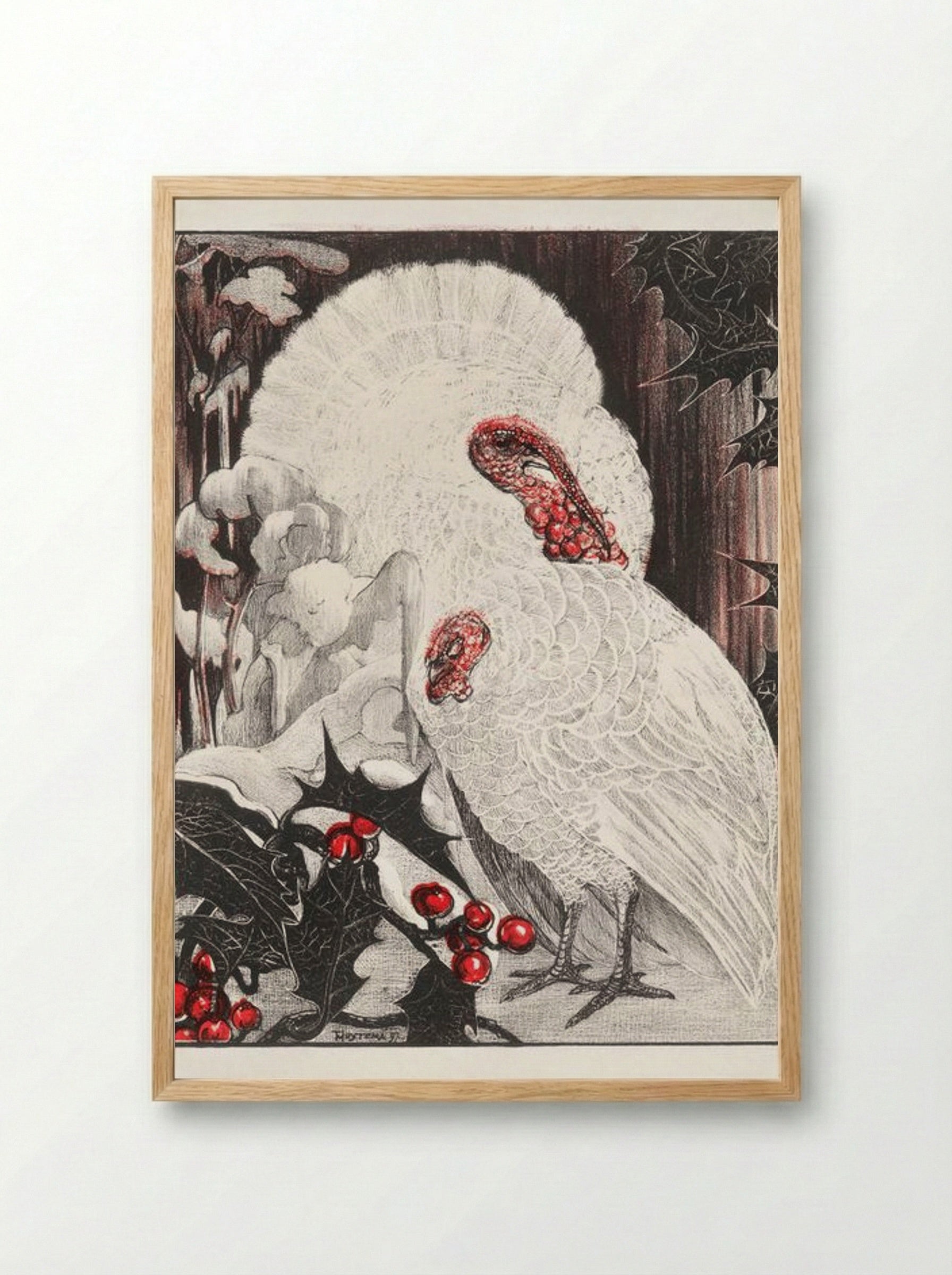 Two White Turkeys with Holly Branches in the Snow - Theo van Hoytema - Framed Print Wood