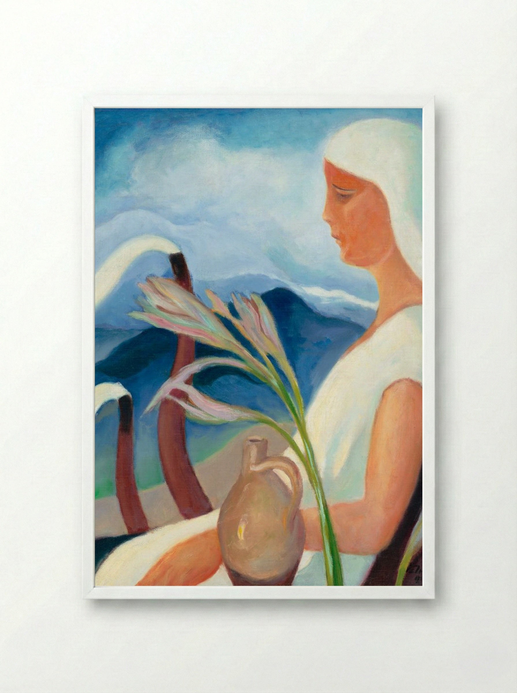 Girl in White with Factory Chimneys and Flowers - Zolo Palugyay - Framed Print White