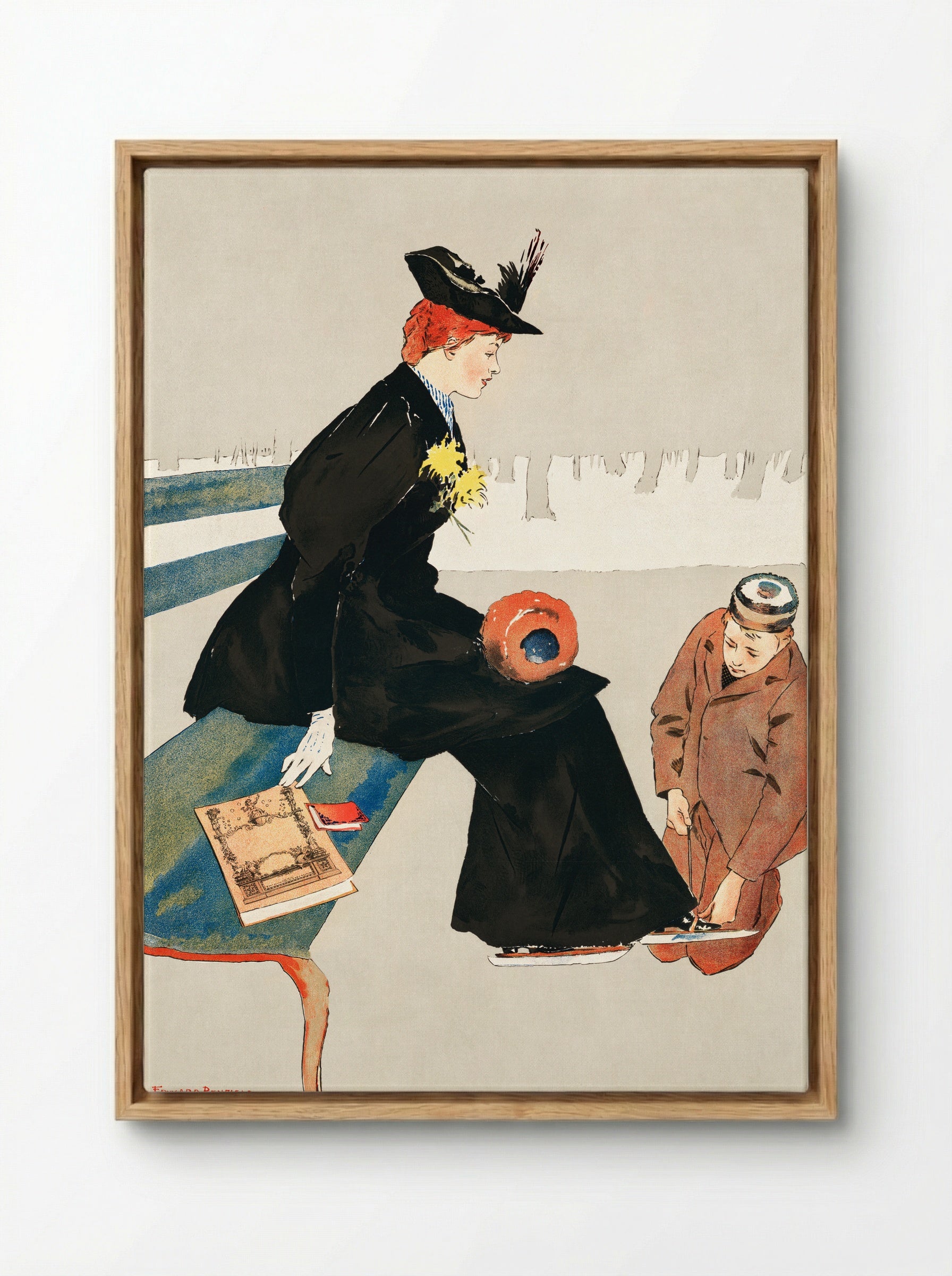 Woman Sitting on a Bench - Edward Penfield - Framed Canvas Wood