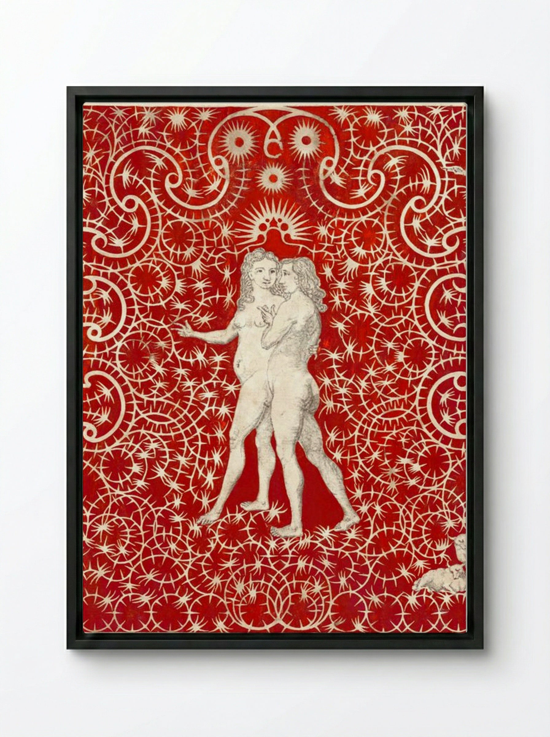 Adam and Eve in the Garden with a Pair of Sheep and a Pair of Doves - Fine Art Print - Framed Canvas Black