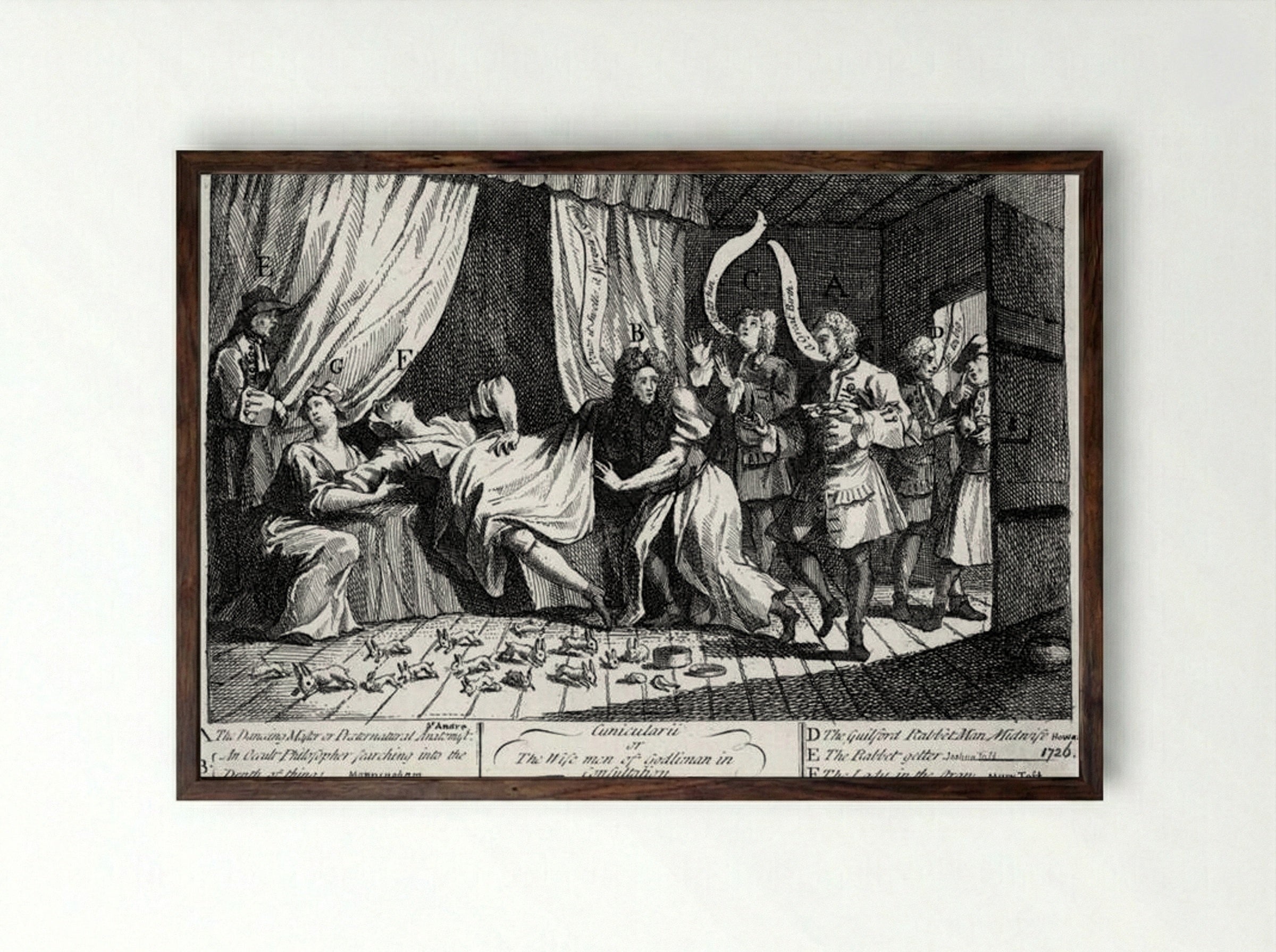 Mary Toft, apparently giving birth to rabbits - William Hogarth - Framed Print Dark Wood
