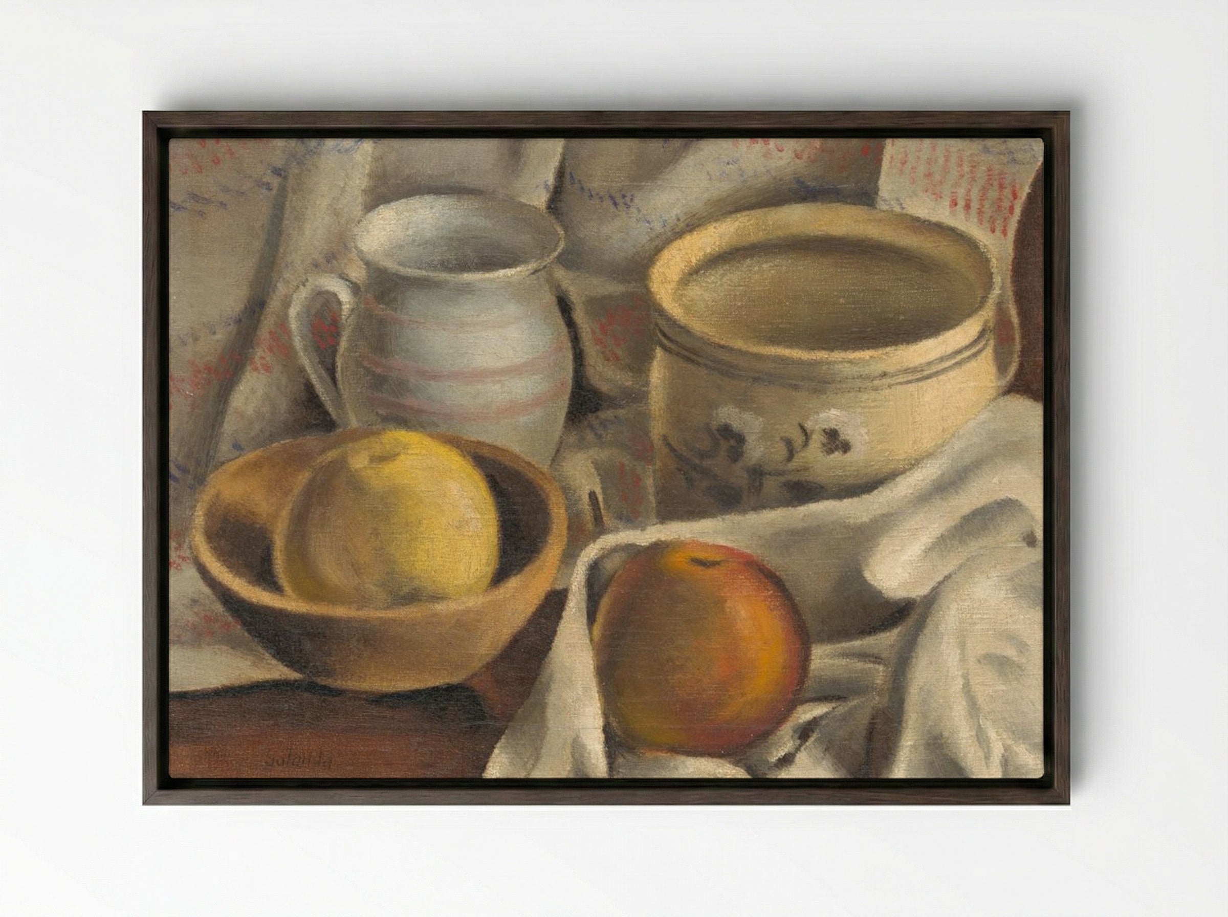 Still Life with Ceramic Pots and Apples - Mikuláš Galanda - Framed Canvas Dark Wood