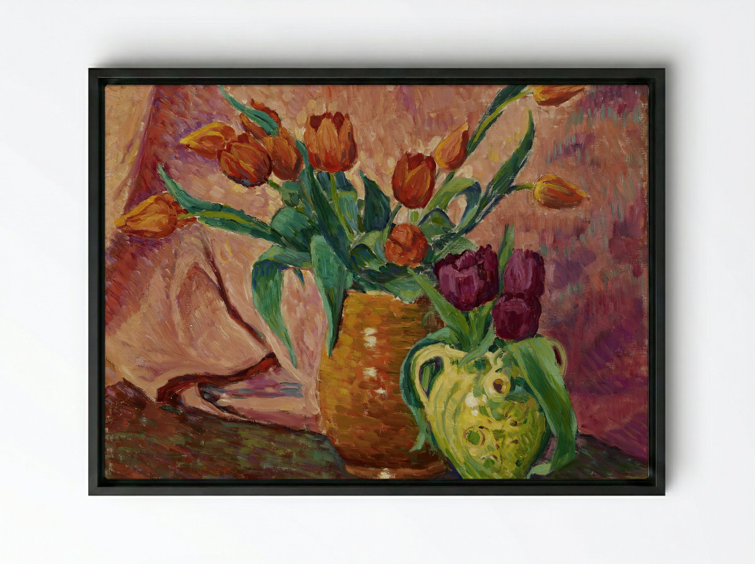 Two Vases with Tulips - Alfred William Finch - Framed Canvas Black