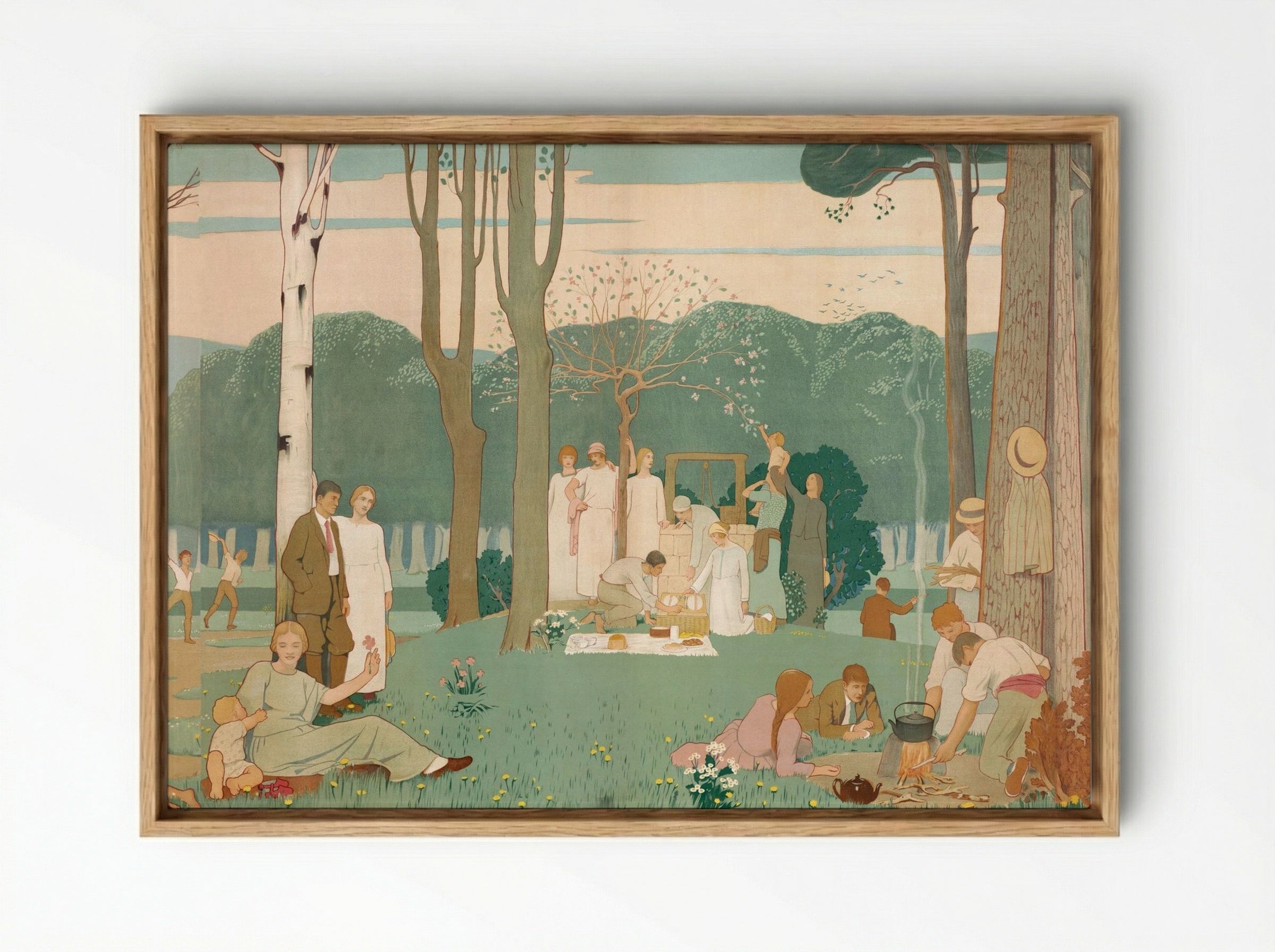 Men, Women, and Children at a Picnic in the Park - Fine Art Print - Framed Canvas Wood