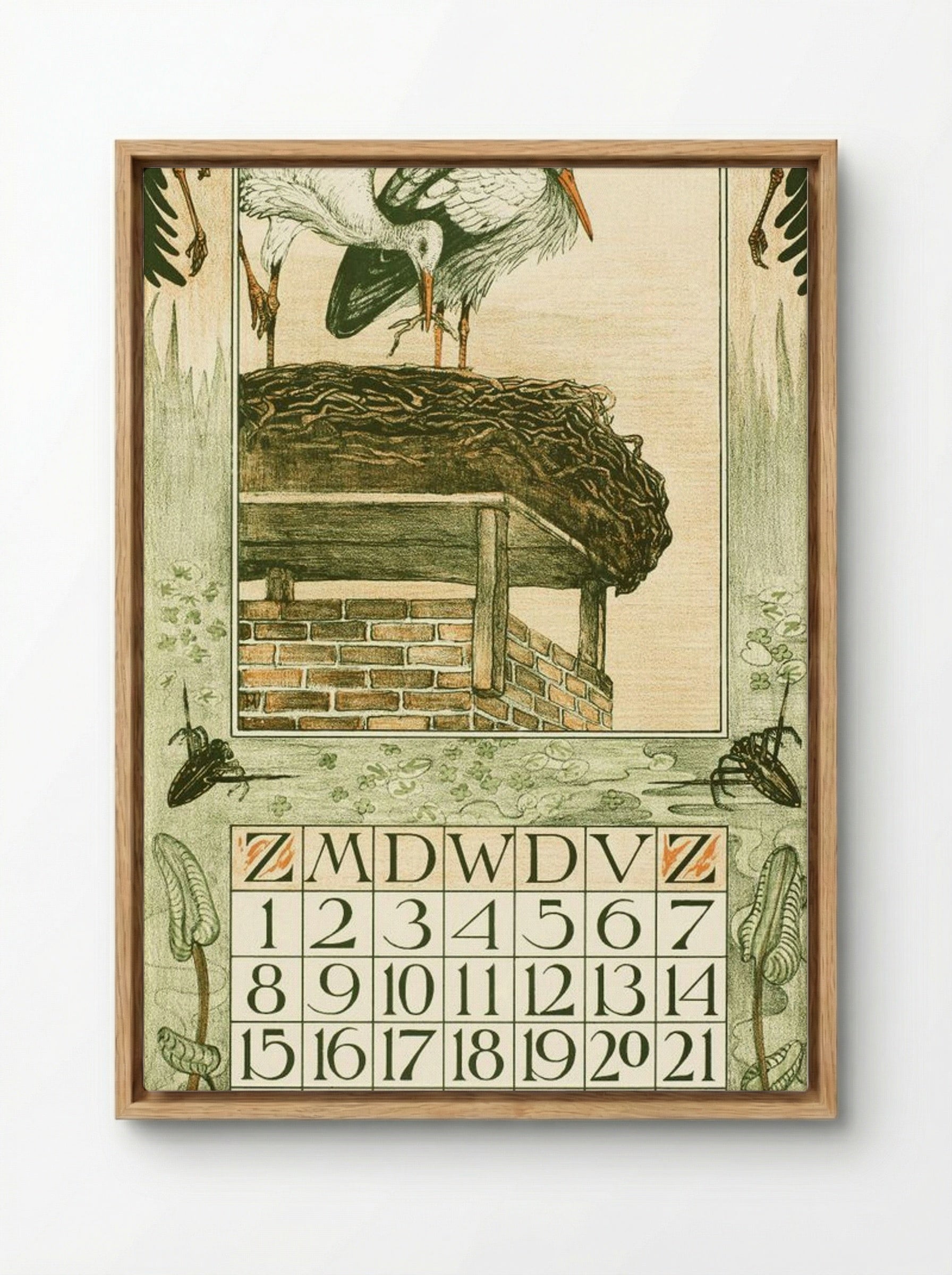 Kalenderblad Maart met Ooievaars - Theo van Hoytema - Framed Canvas Wood