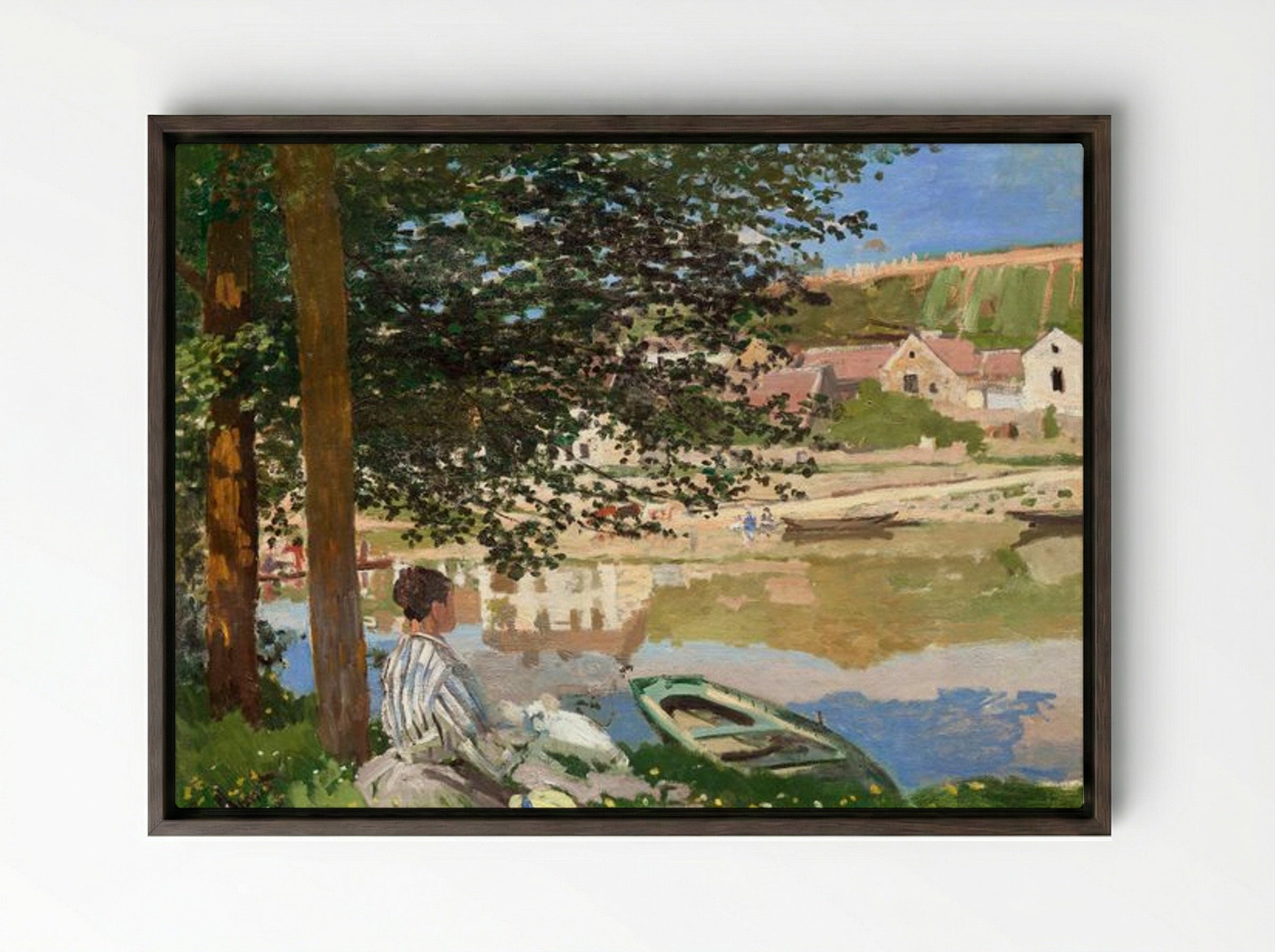 On the Bank of the Seine, Bennecourt - Claude Monet - Framed Canvas Dark Wood
