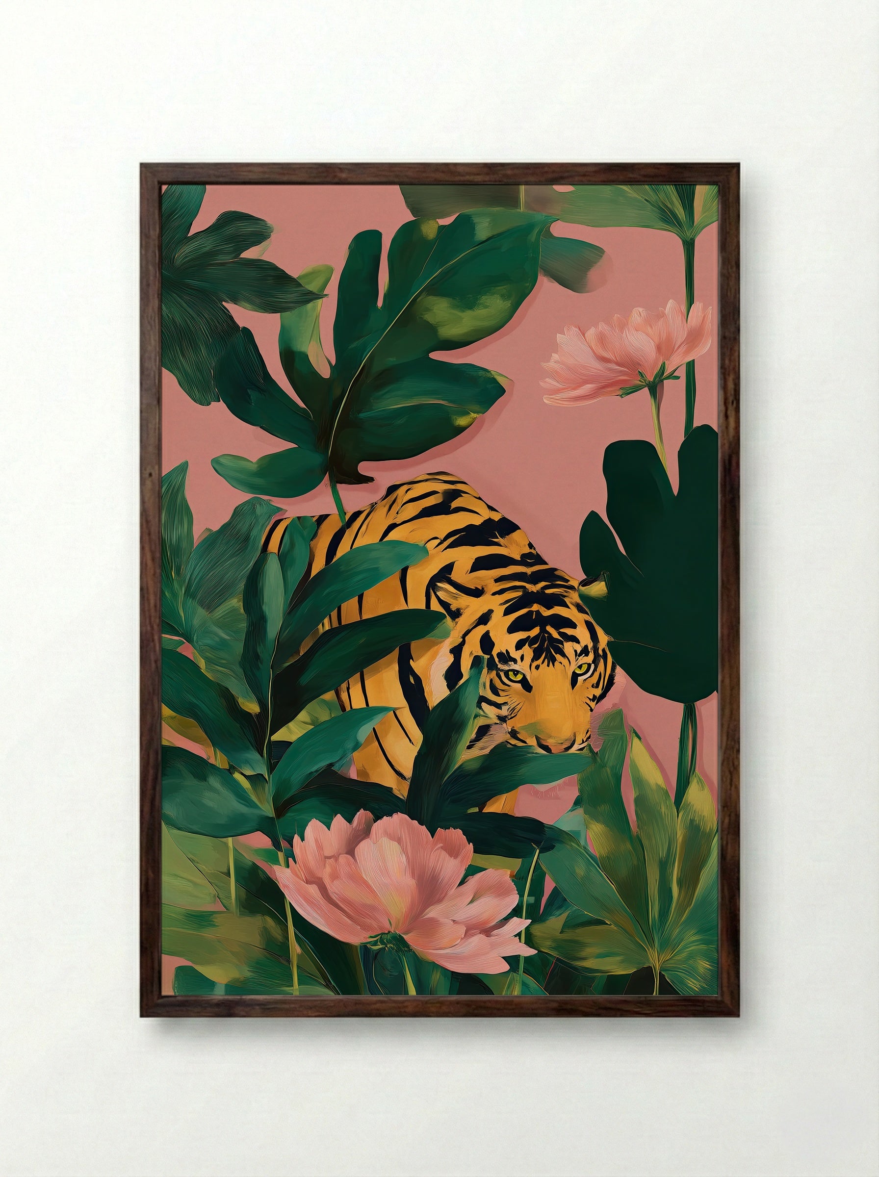Golden Jungle Tiger Botanical Art Print - Framed Print Dark Wood