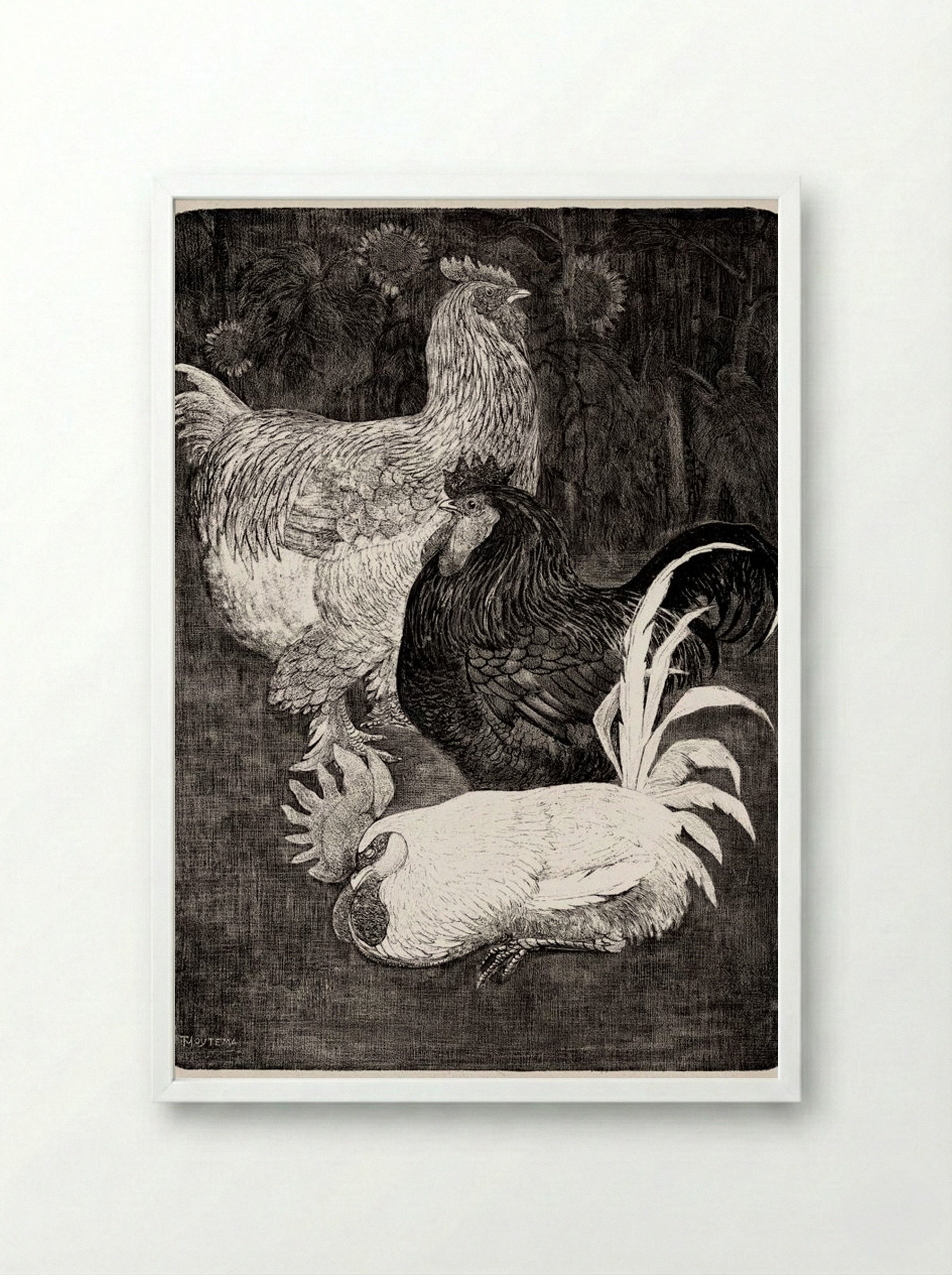 Drie Hanen (Three Roosters) - Theo van Hoytema - Framed Print White