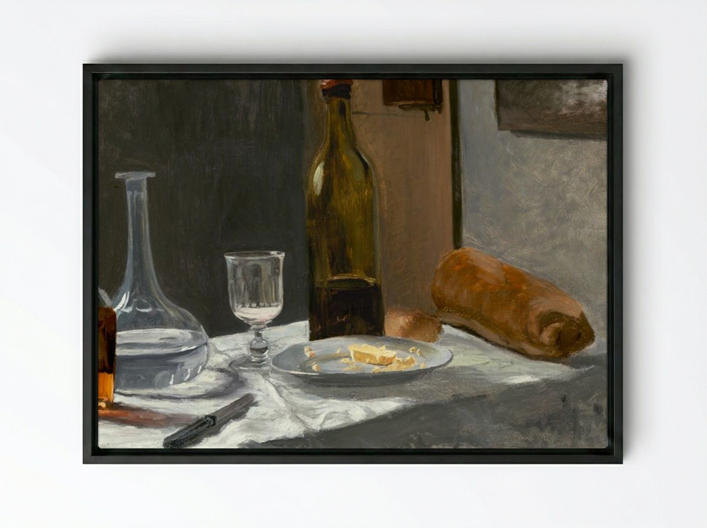 Still Life with Bottle, Carafe, Bread, and Wine - Claude Monet - Framed Canvas Black