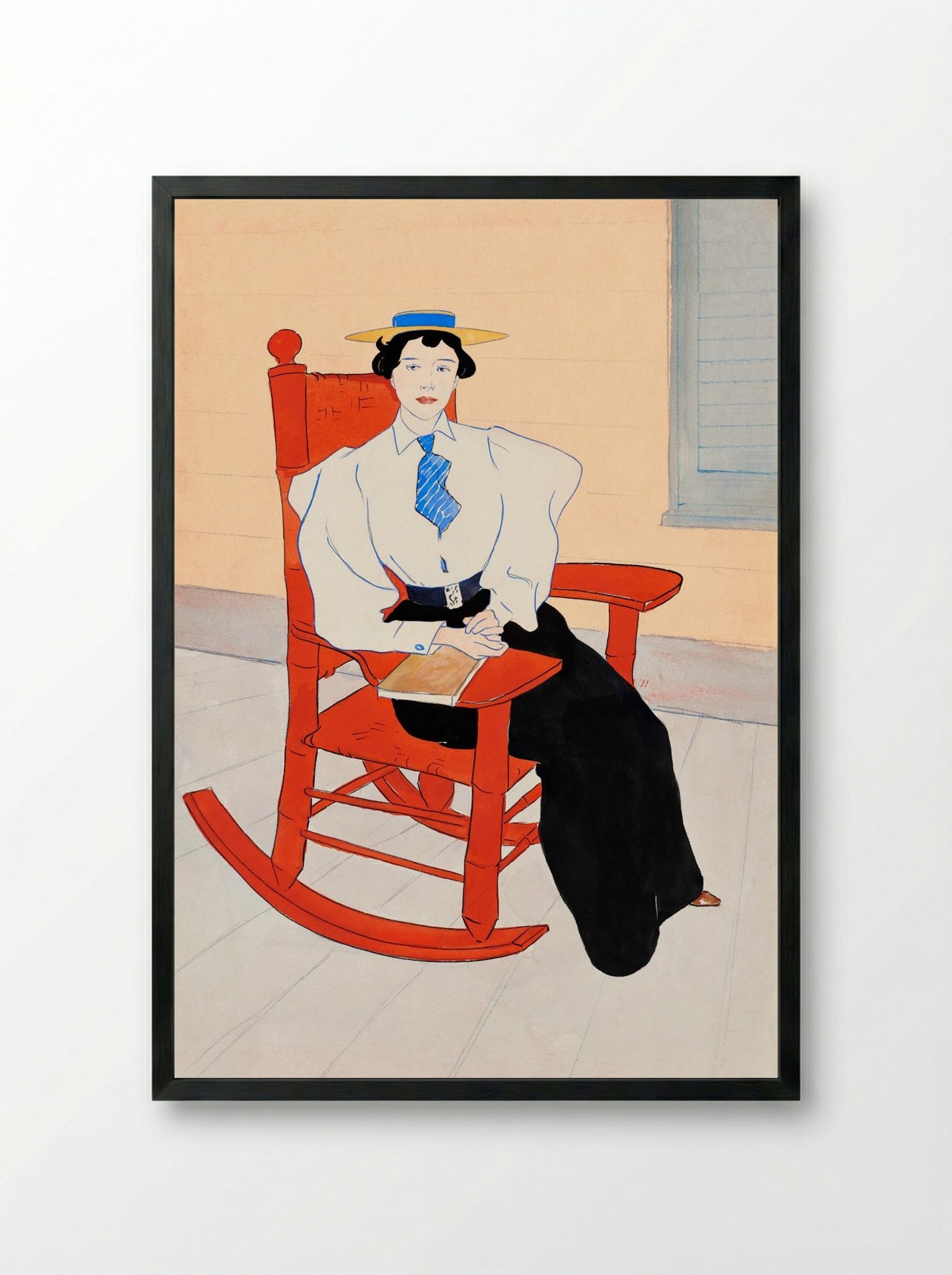 Young Woman Seated in a Red Rocking Chair - Edward Penfield - Framed Print Black