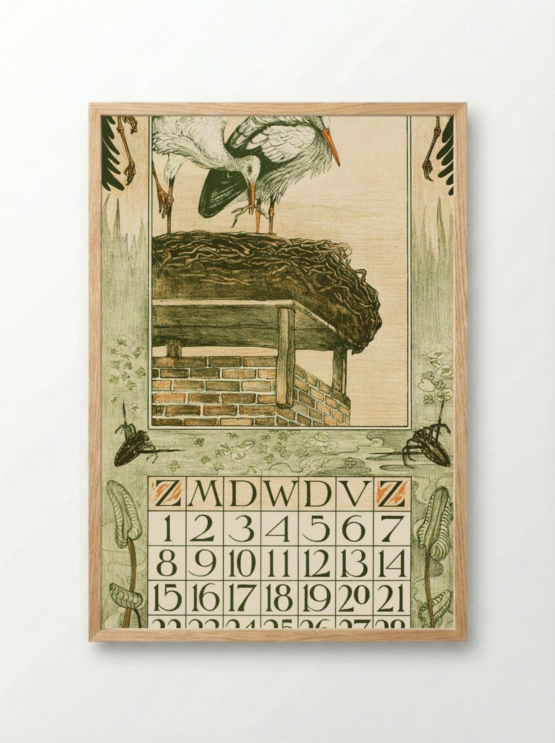 Kalenderblad Maart met Ooievaars - Theo van Hoytema - Framed Print Wood