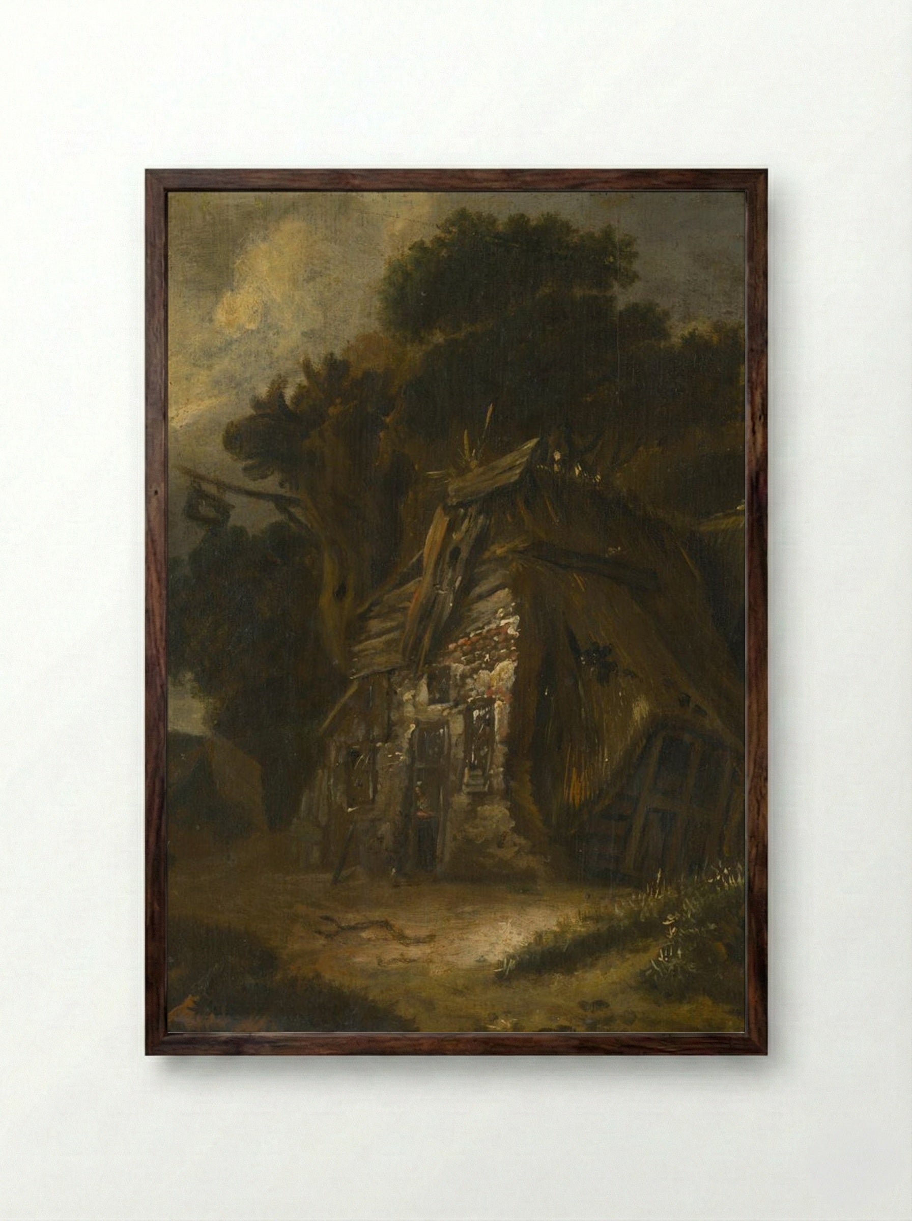 Thatched Hut in Landscape - Fine Art Print - Framed Print Dark Wood