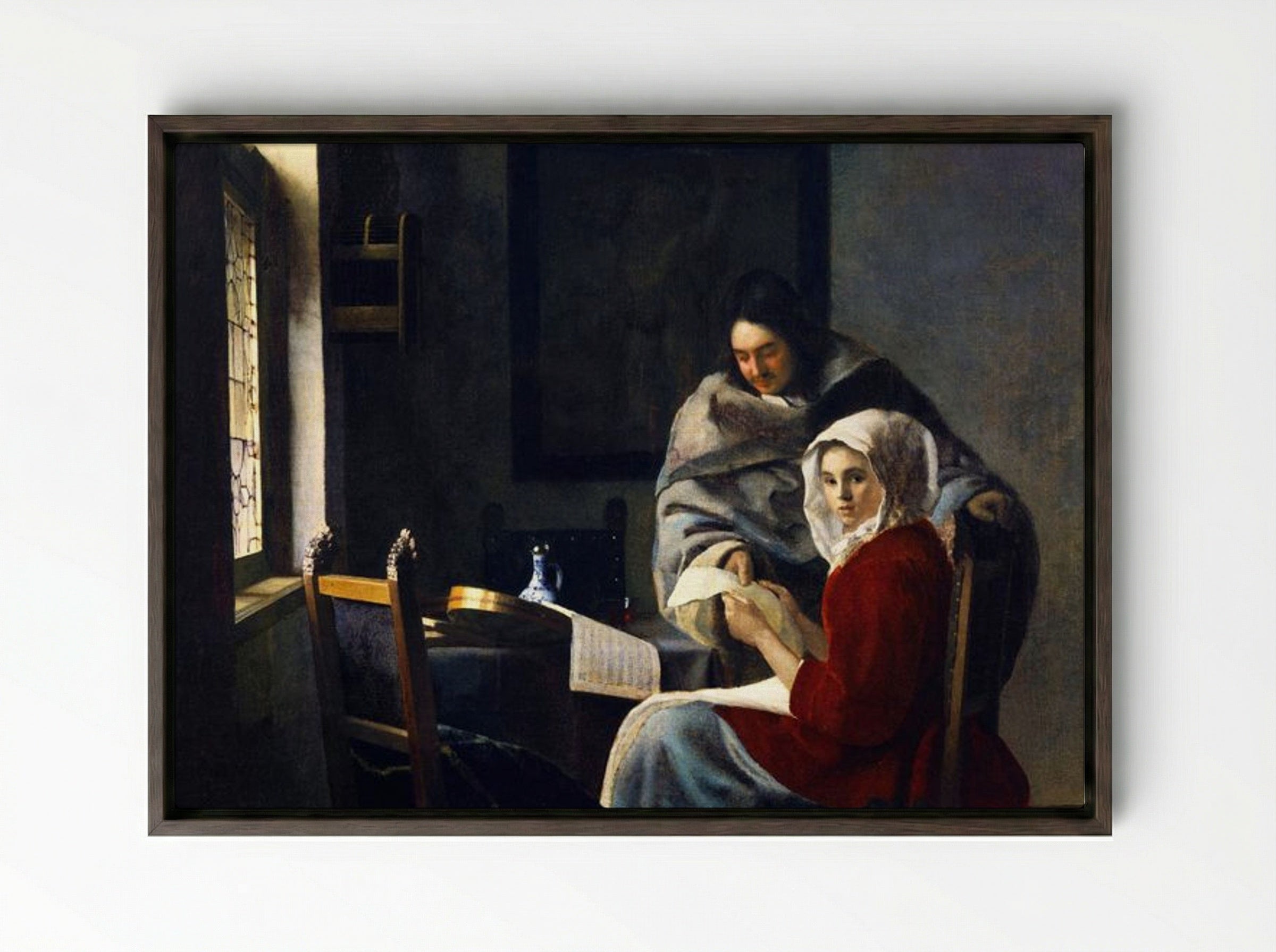 Girl Interrupted at Her Music - Johannes Vermeer - Framed Canvas Dark Wood