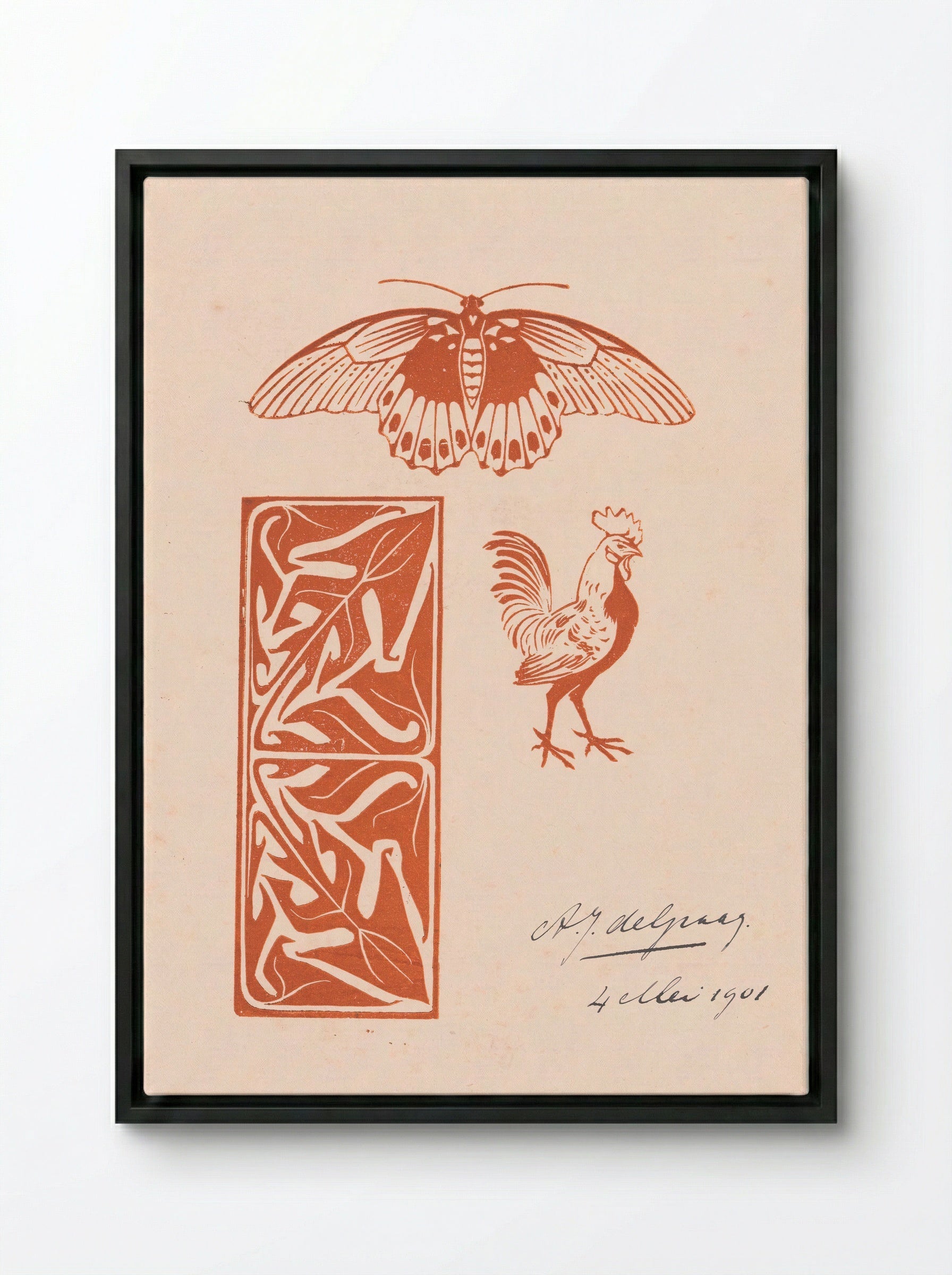 Butterfly, Rooster and Leaf Ornament - Julie de Graag - Framed Canvas Black
