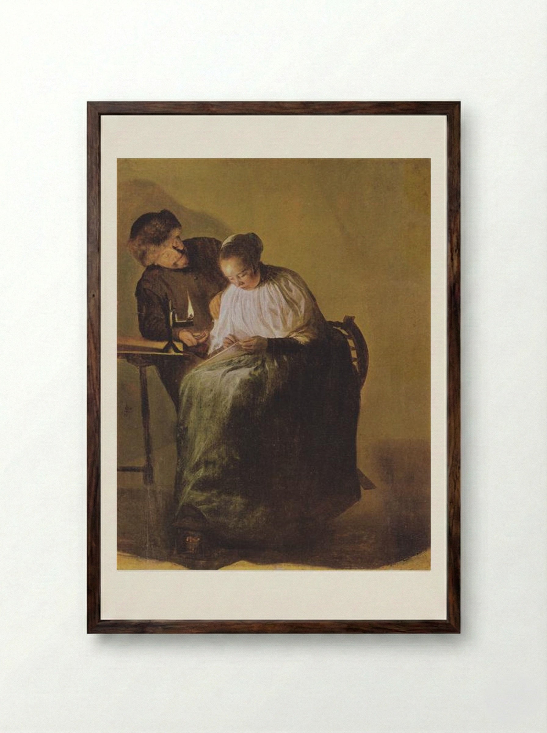 A Man Offering Money to a Young Woman - Judith Leyster - Framed Print Dark Wood