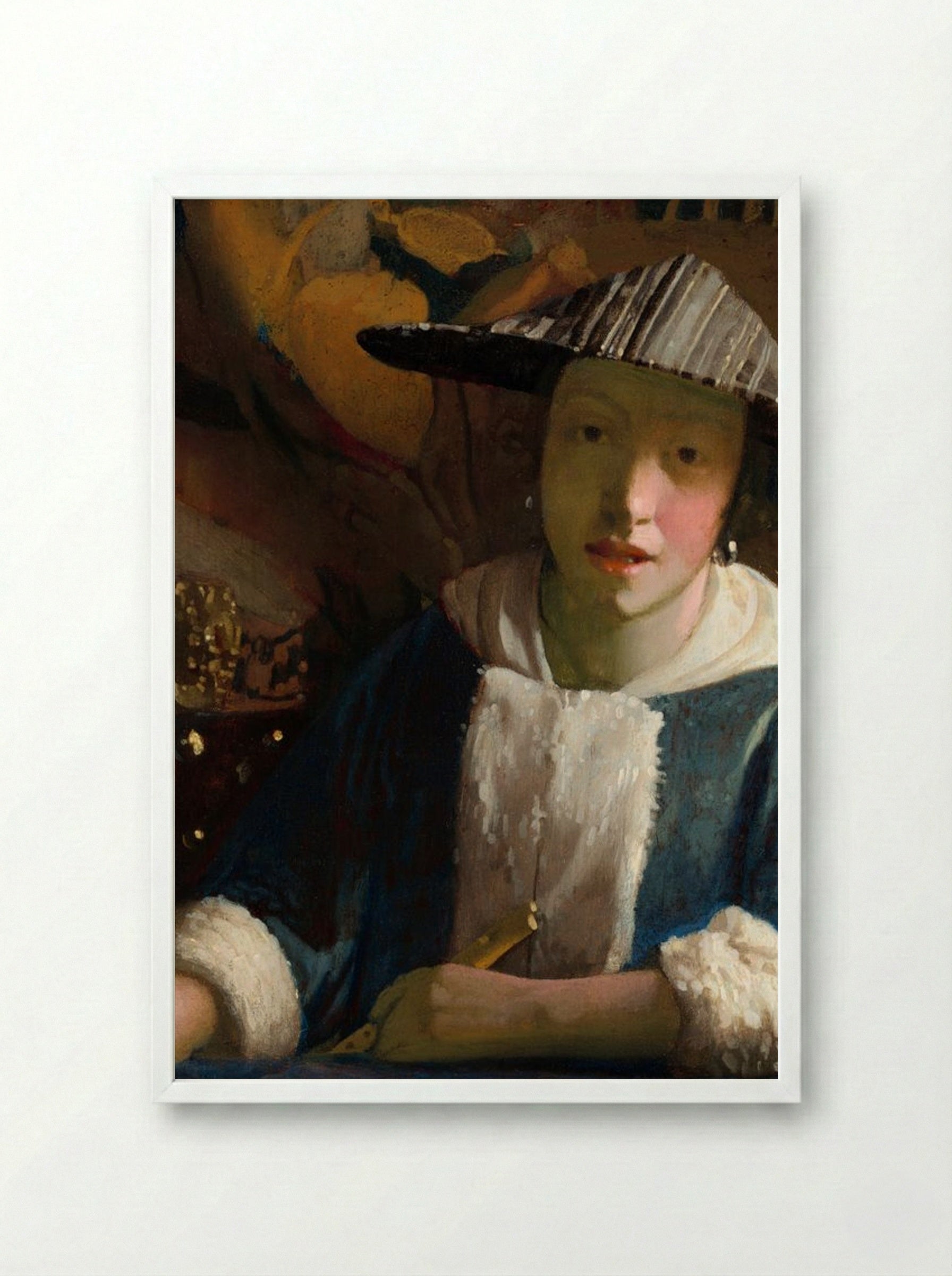 Girl with a Flute - Johannes Vermeer - Framed Print White