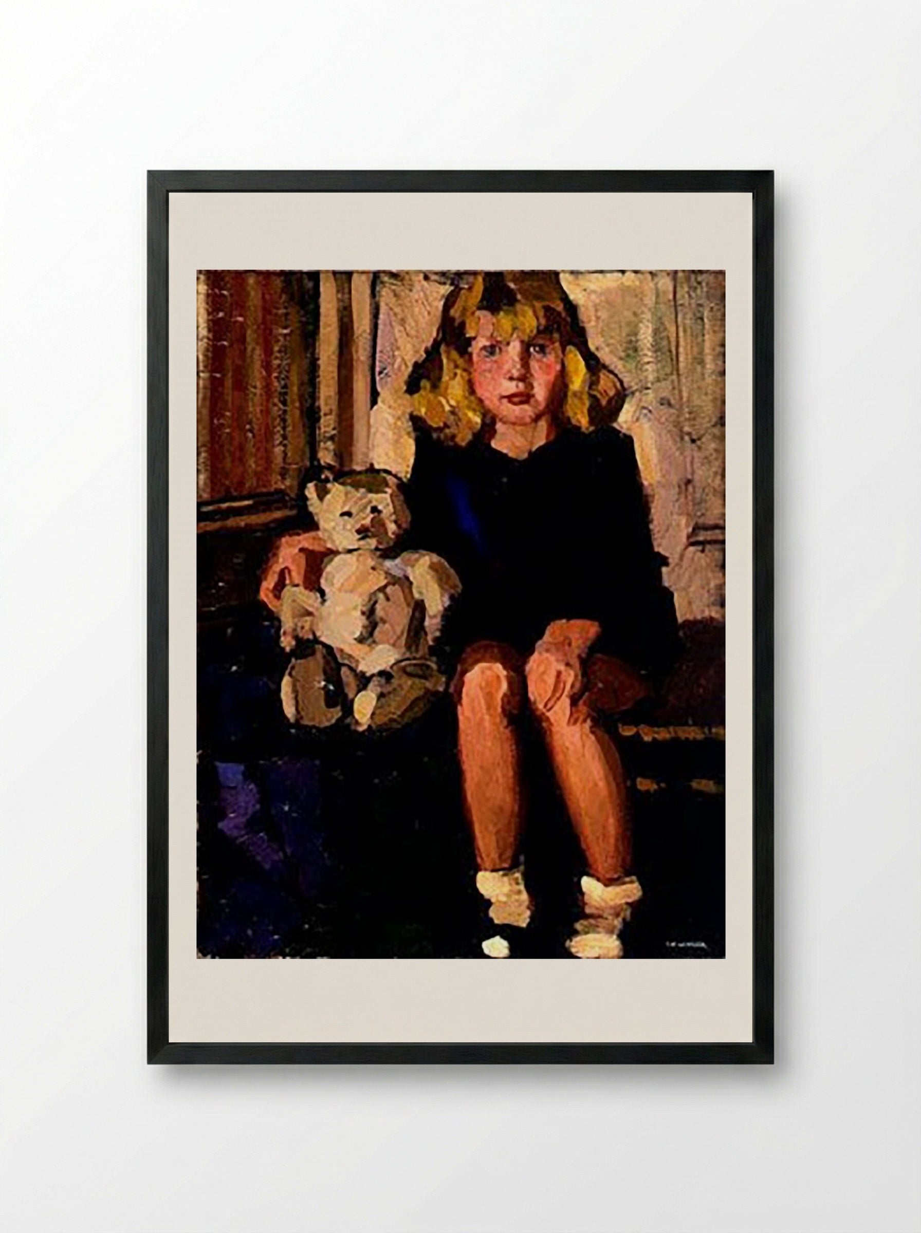 Portrait of a Little Girl with Her Teddy Bear (Kizette) - Tamara de Lempicka - Framed Print Black