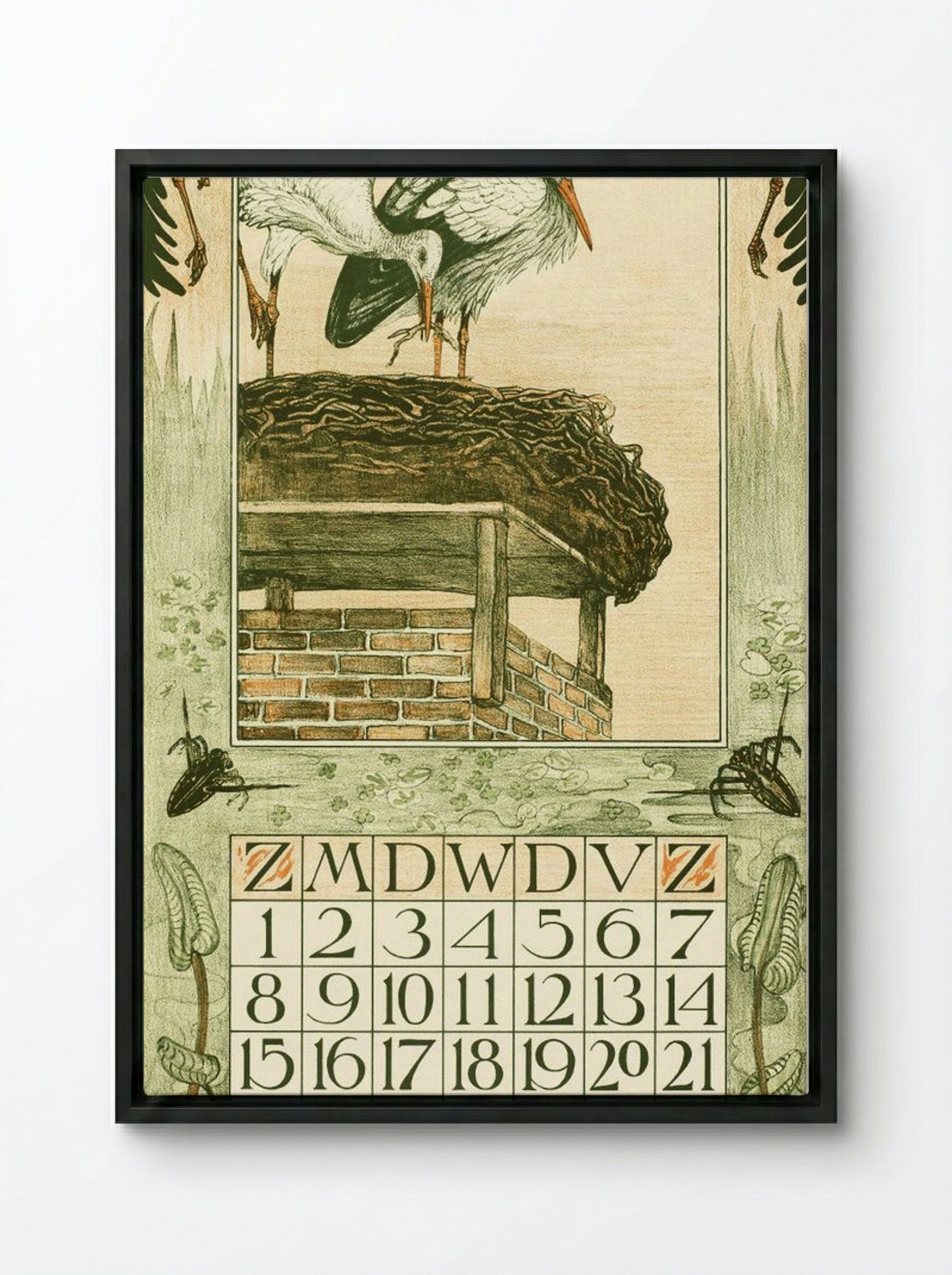 Kalenderblad Maart met Ooievaars - Theo van Hoytema - Framed Canvas Black