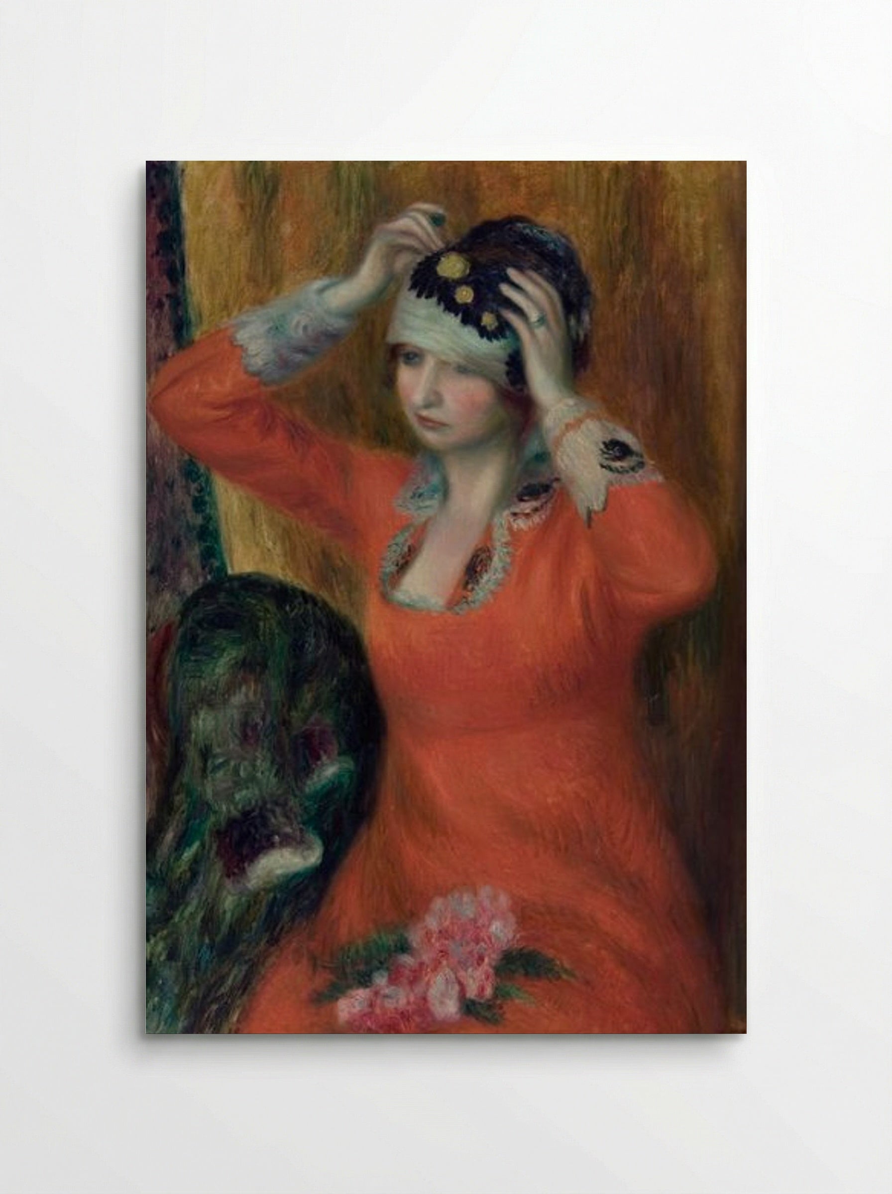 Girl in Red Dress Pinning on Hat - William James Glackens - Poster