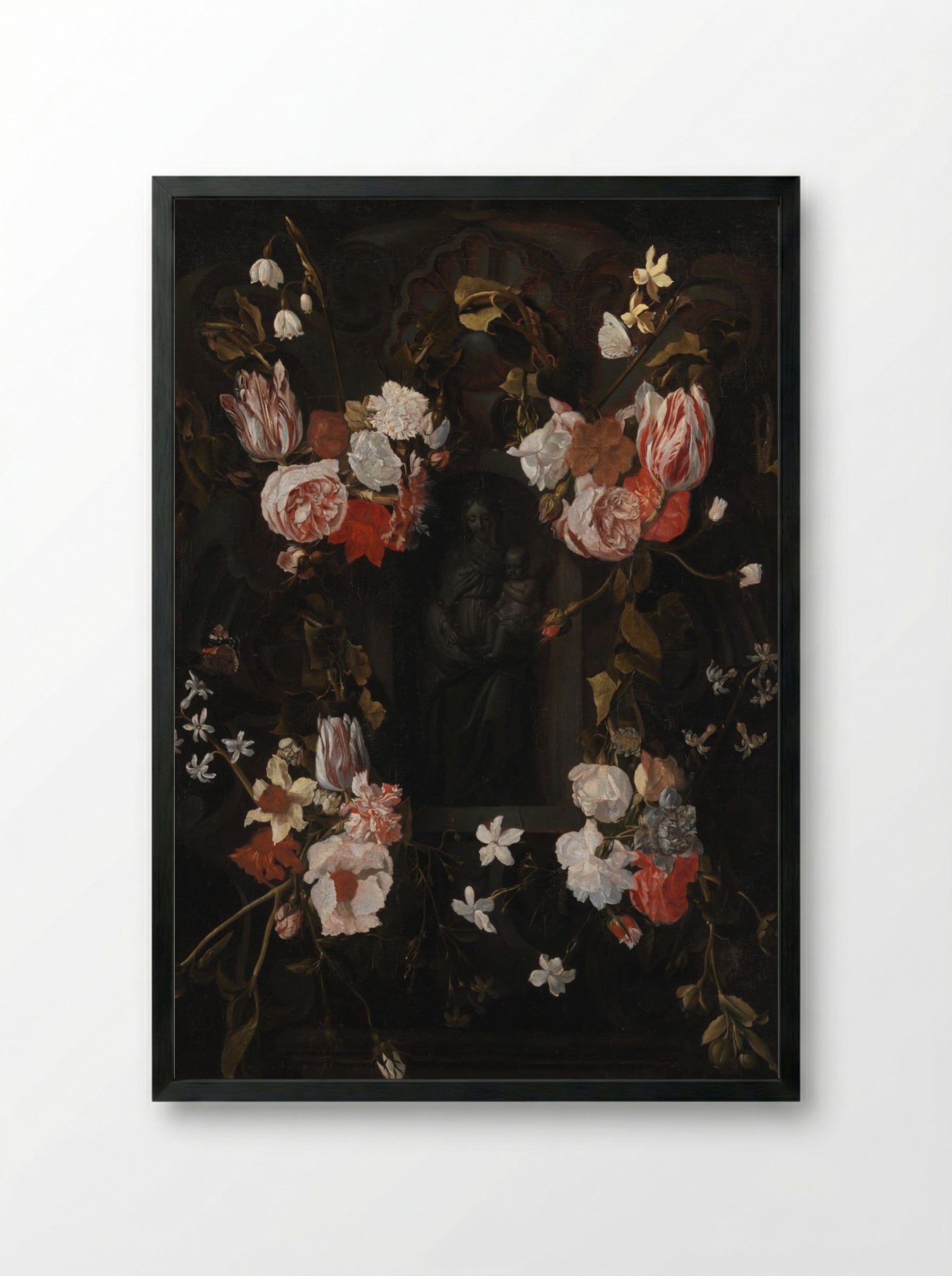 A Flower-Wreathed Niche with a Stone Figure of the Madonna - Fine Art Print - Framed Print Black