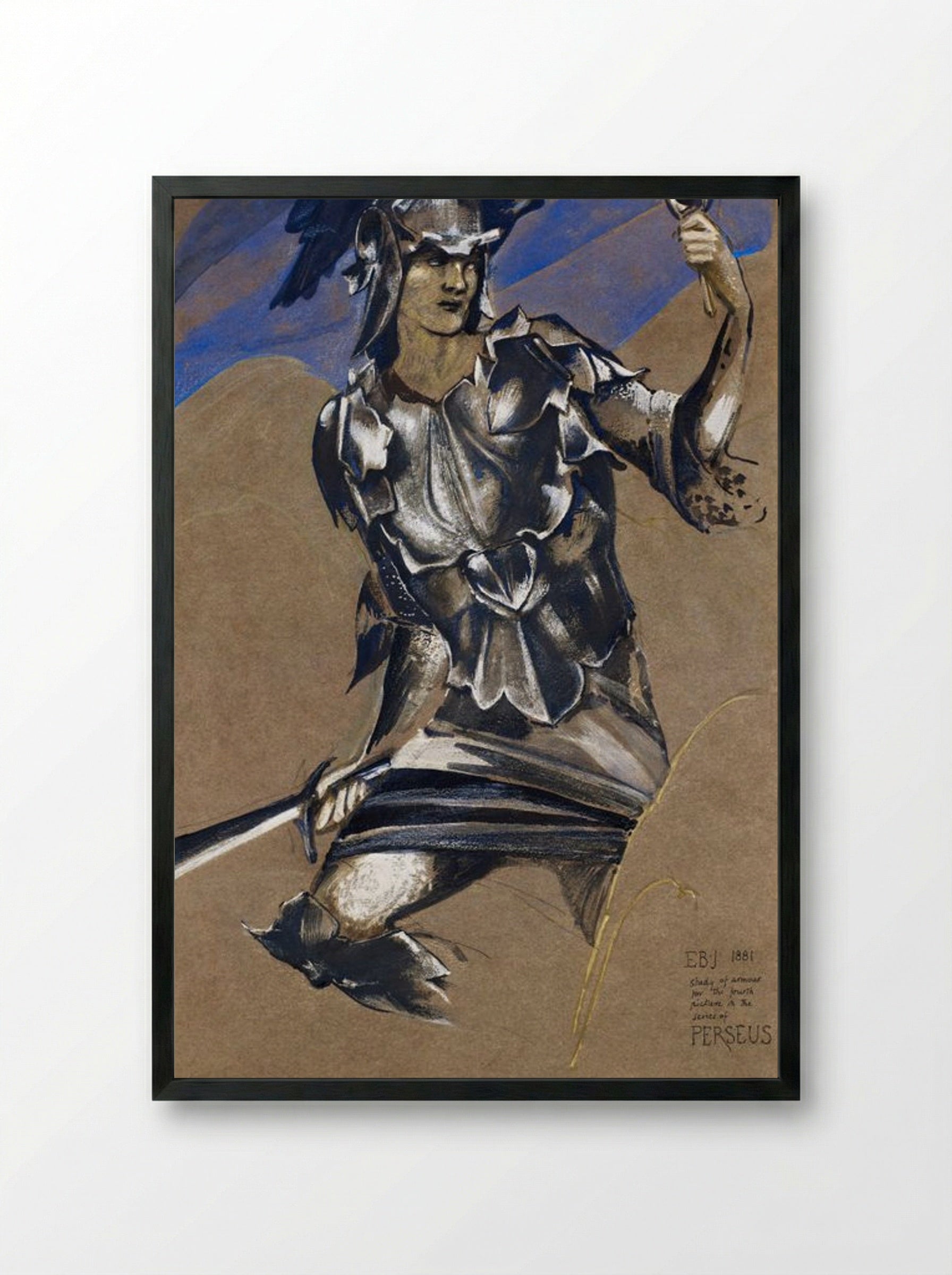 Study of Perseus in Armour for 'The Finding of Medusa' - Edward Burne-Jones - Framed Print Black